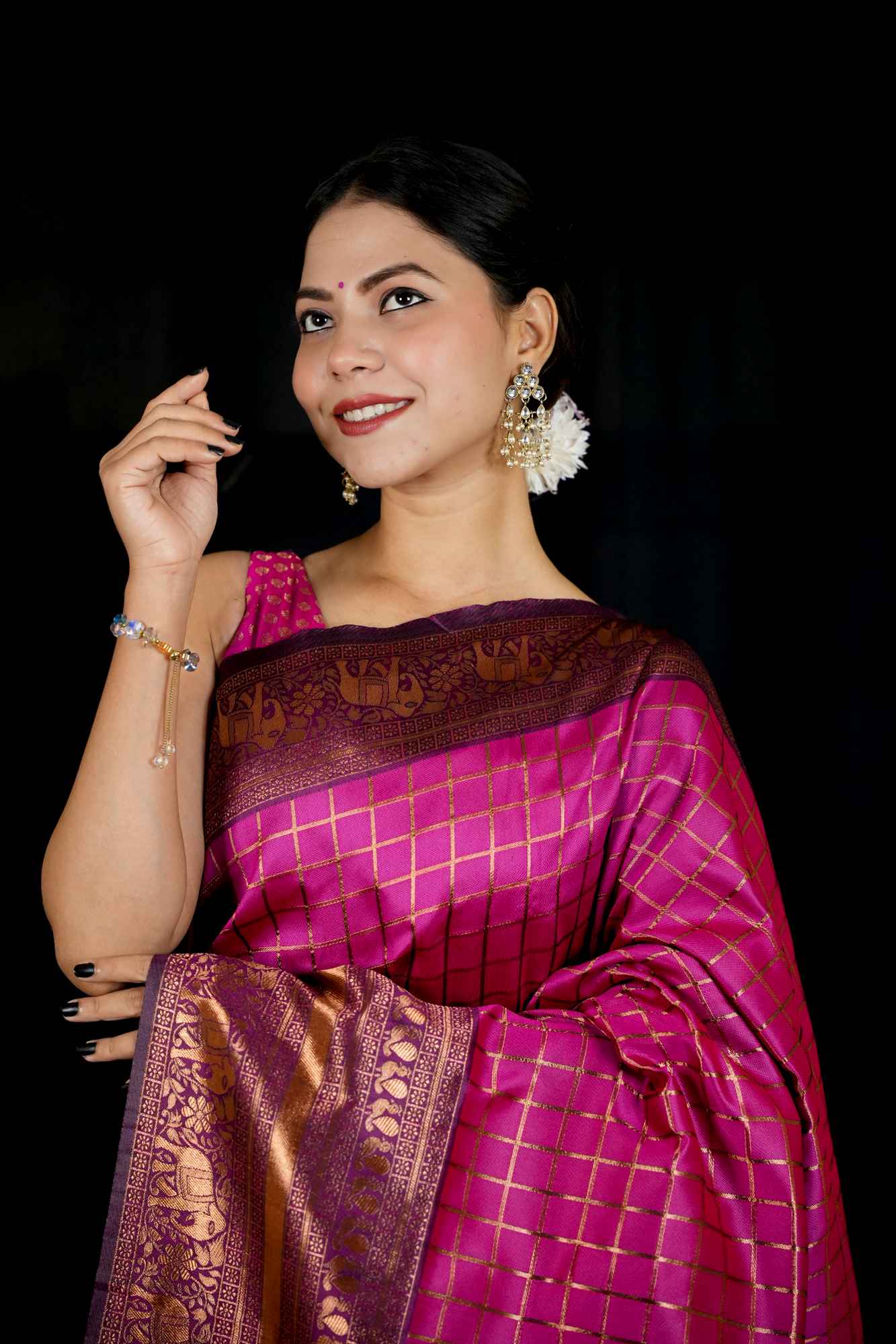 Vibrant Pink Lichi Silk with Zari Checkered Weave and Contrasting Pallu Ready To Wear Saree