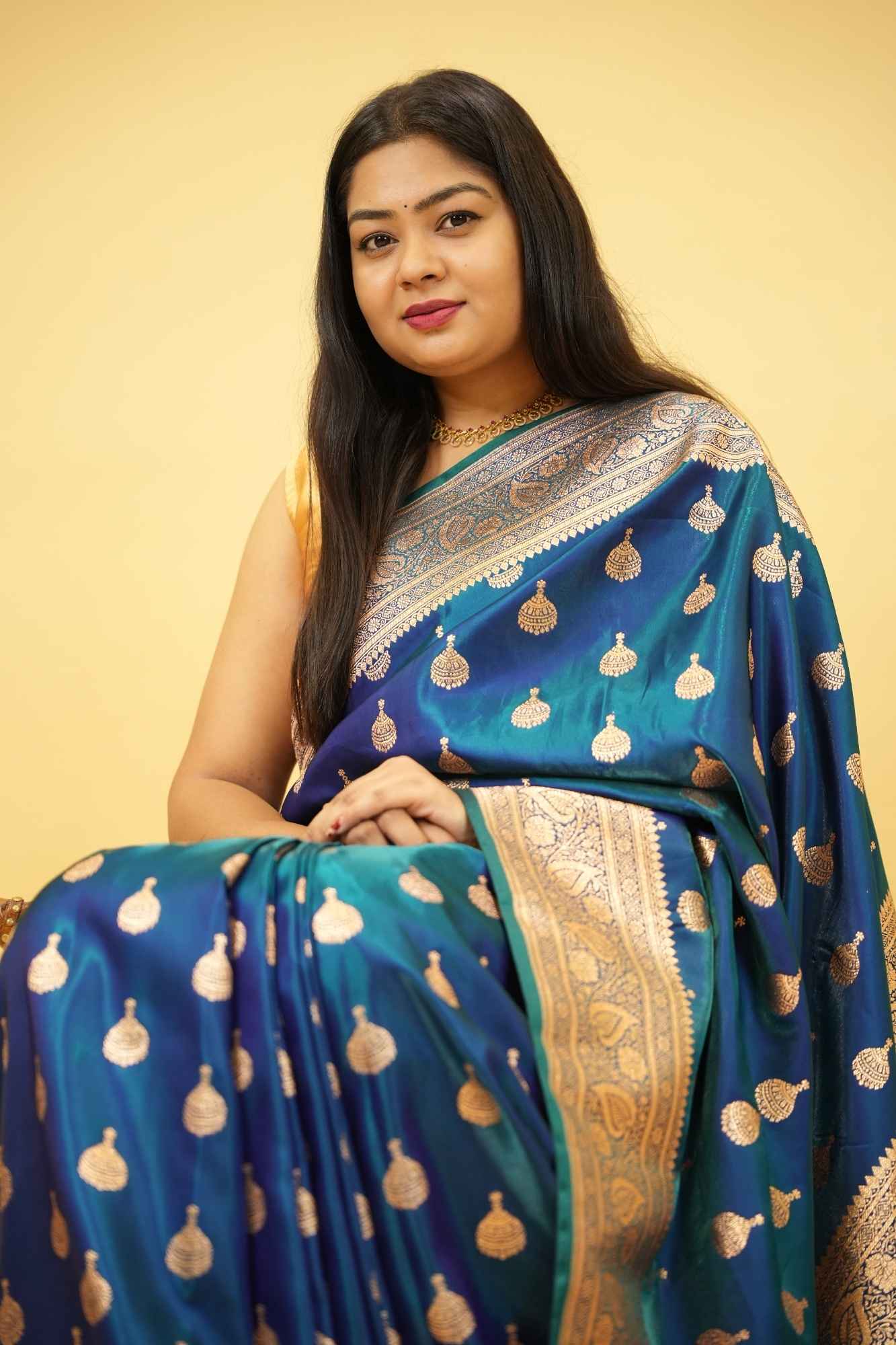 Pure Mashru Katan Silk with Zari Jhumka Butta and Intricate Brocade Pallu Ready To Wear Saree