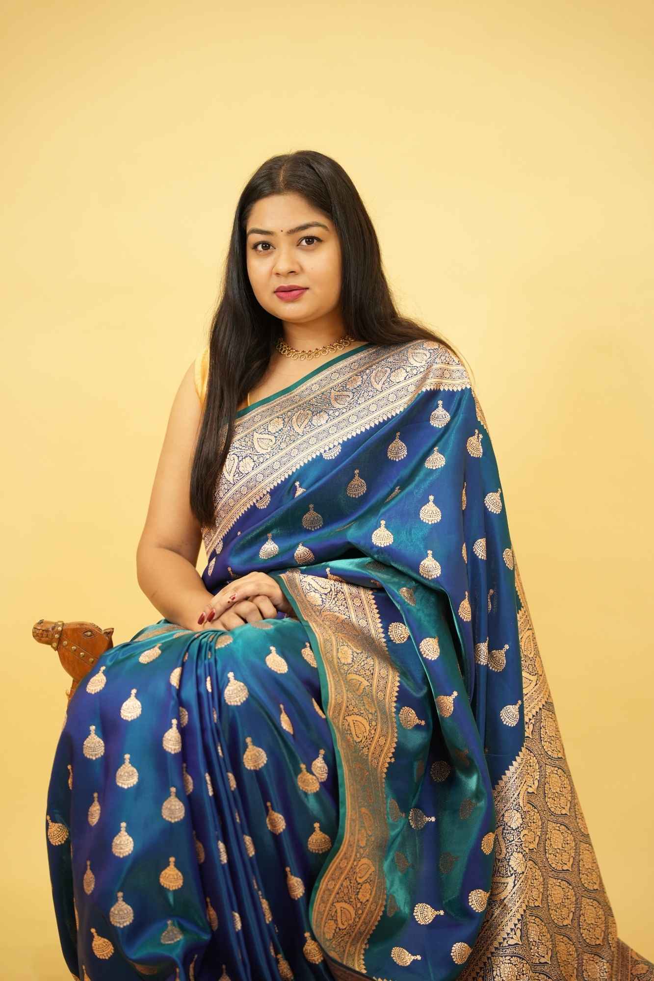 Pure Mashru Katan Silk with Zari Jhumka Butta and Intricate Brocade Pallu Ready To Wear Saree