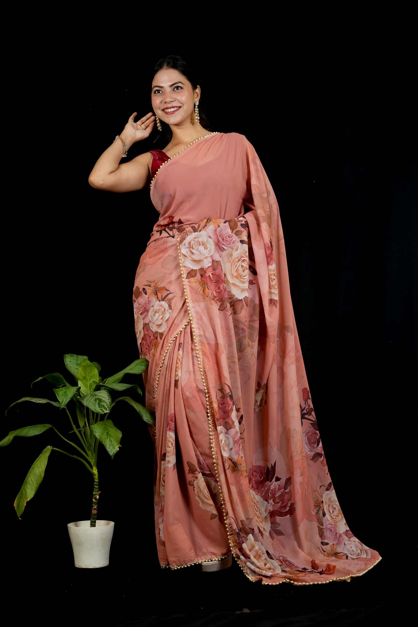 Pink Georgette Floral Printed with Pearl Lace Border Ready To Wear Saree
