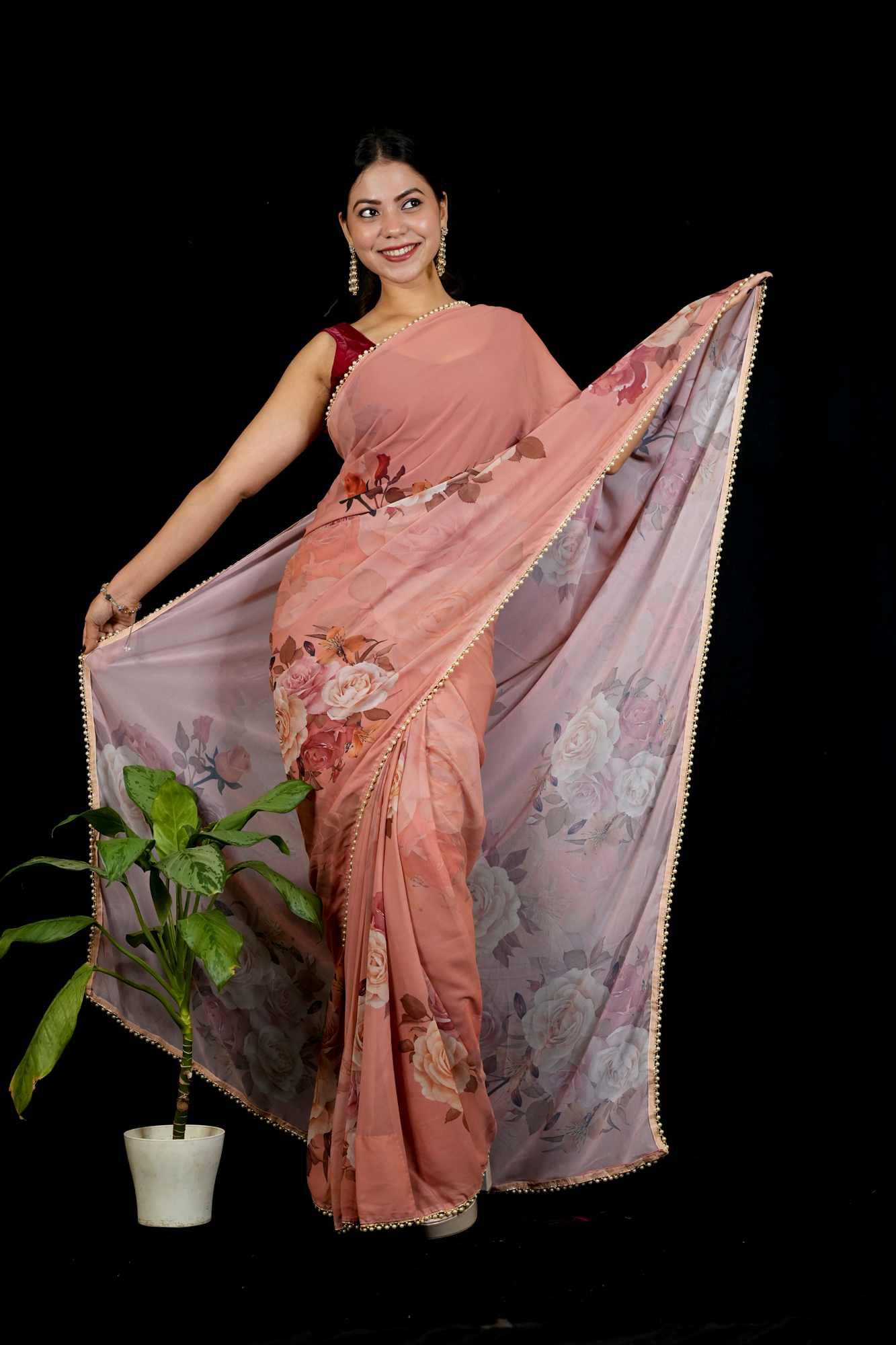 Pink Georgette Floral Printed with Pearl Lace Border Ready To Wear Saree