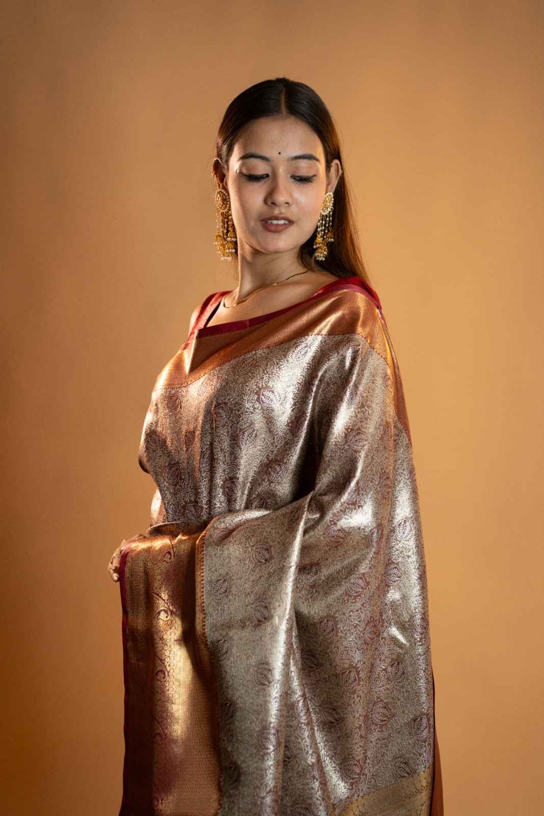 Antique Gold Banarasi Brocade Silk with Wine Border & Rich Zari Weave Ready To Wear Saree