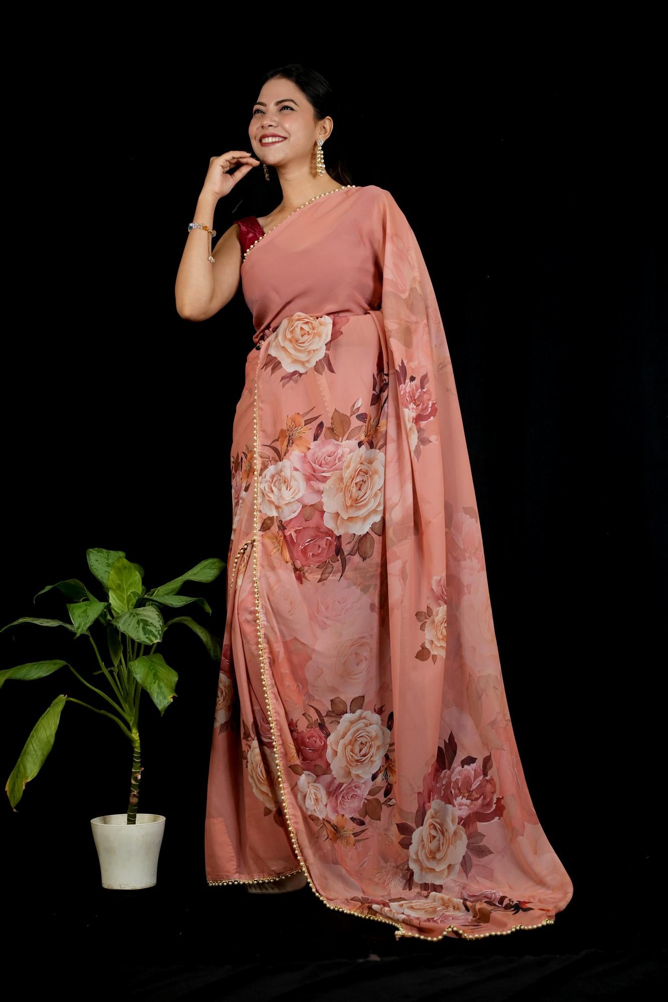 Pink Georgette Floral Printed with Pearl Lace Border Ready To Wear Saree