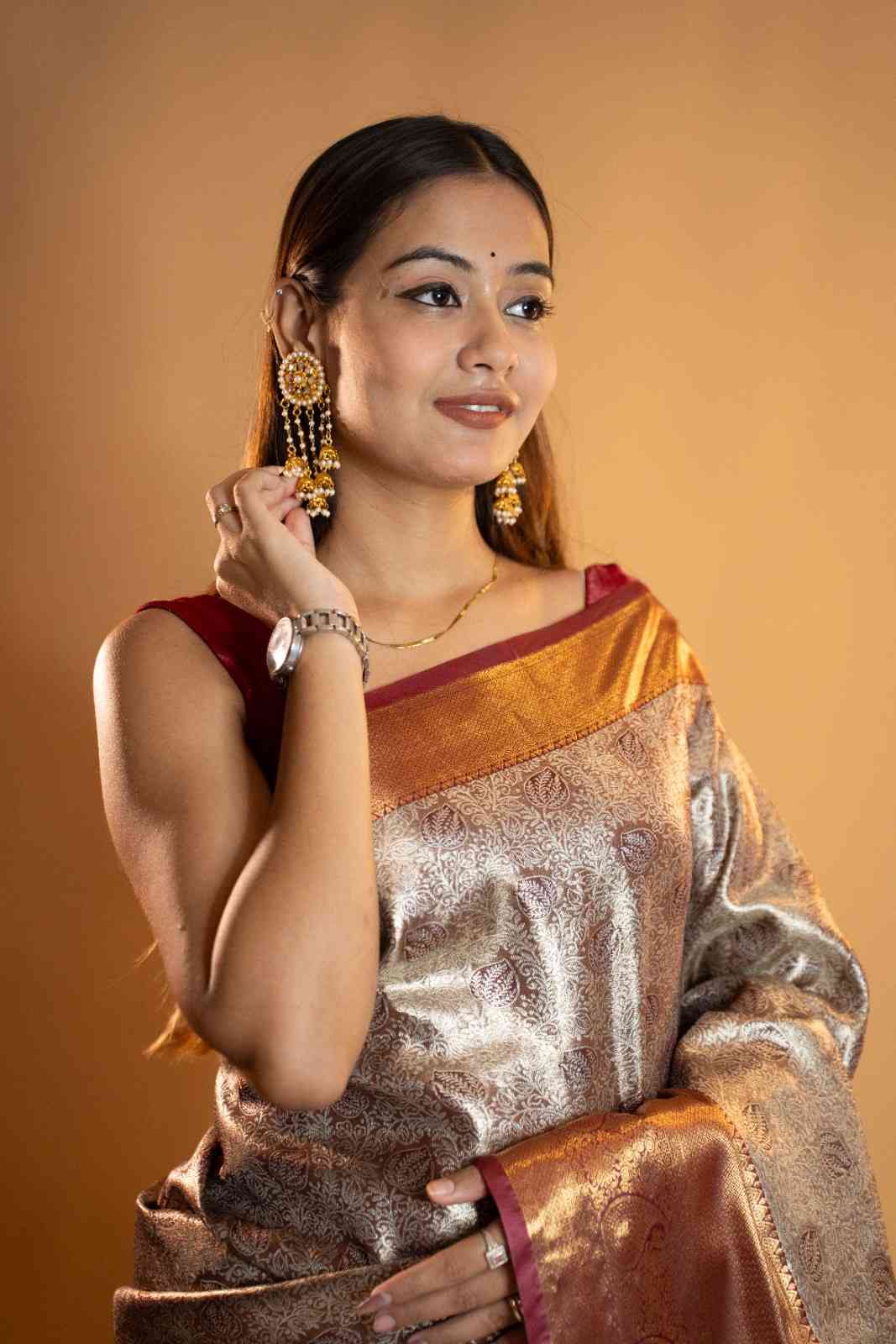 Antique Gold Banarasi Brocade Silk with Wine Border & Rich Zari Weave Ready To Wear Saree