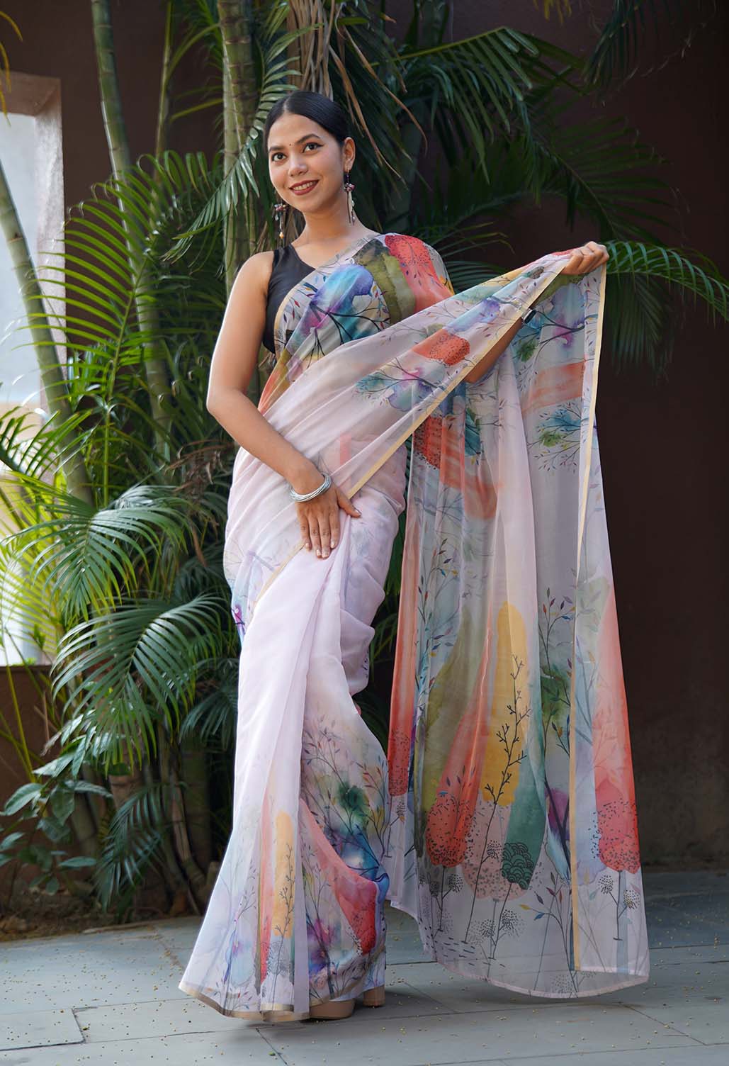 Semi-Transparent Organza Beautiful Printed Wrap in 1 minute saree