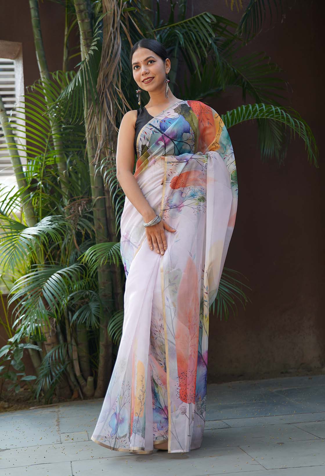 Semi-Transparent Organza Beautiful Printed Wrap in 1 minute saree