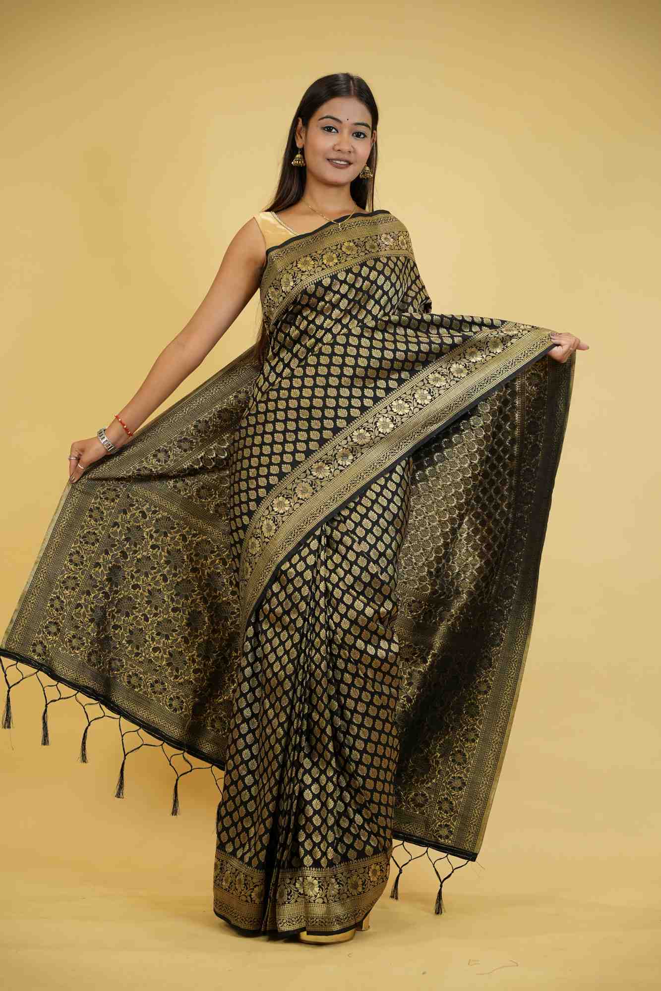 Khadi Georgette Silk IN Black with Golden Woven Motifs Ready To Wear Saree