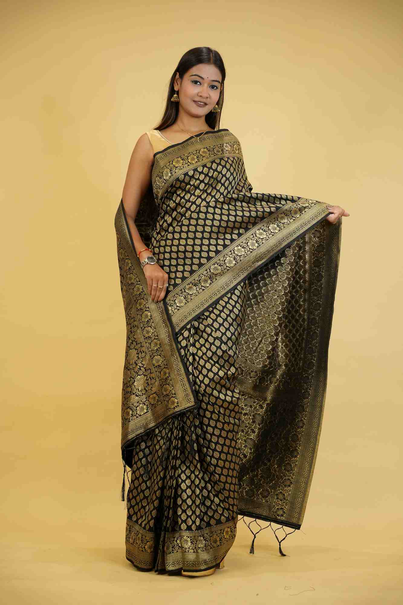 Khadi Georgette Silk IN Black with Golden Woven Motifs Ready To Wear Saree