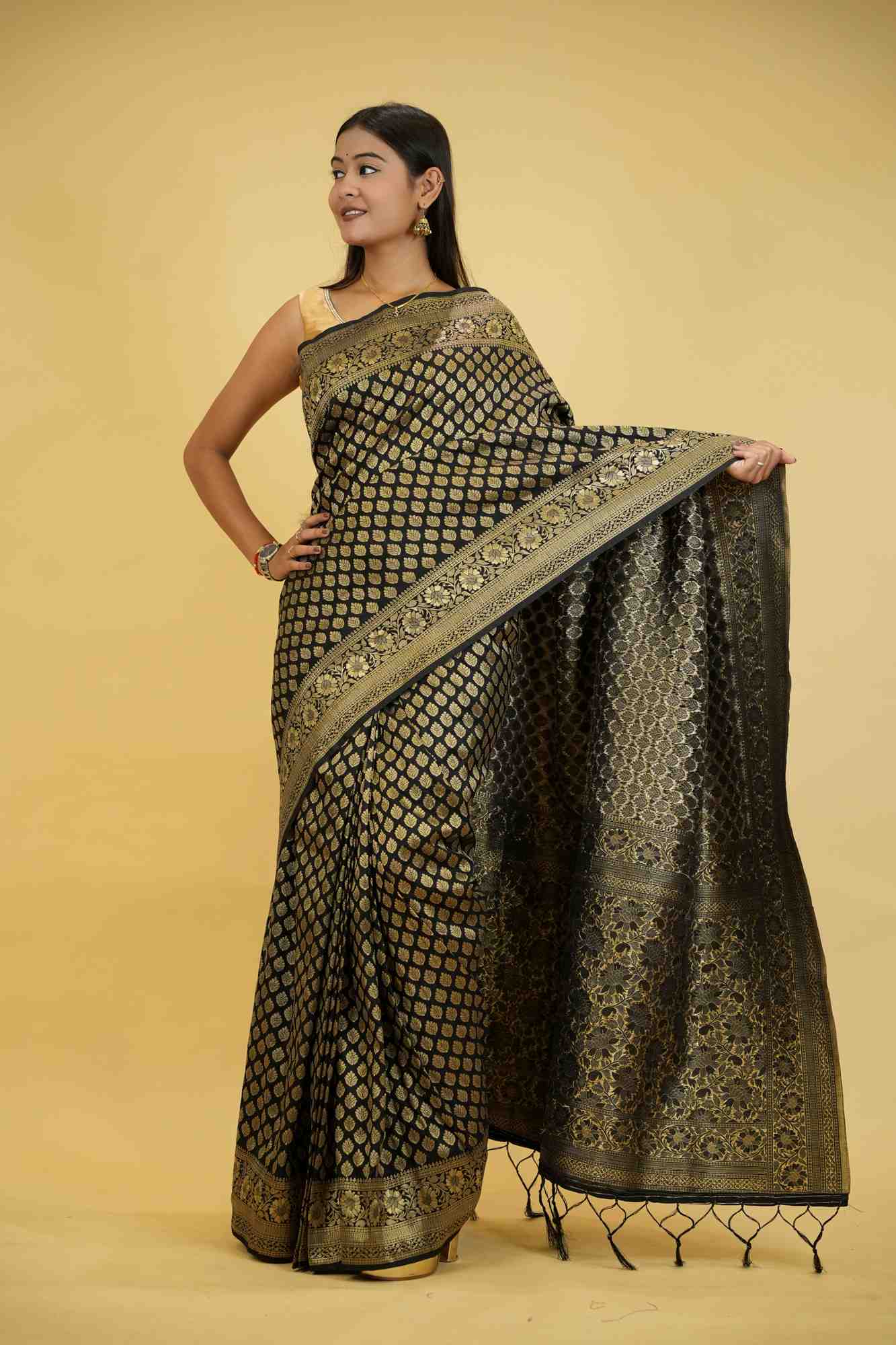 Khadi Georgette Silk IN Black with Golden Woven Motifs Ready To Wear Saree
