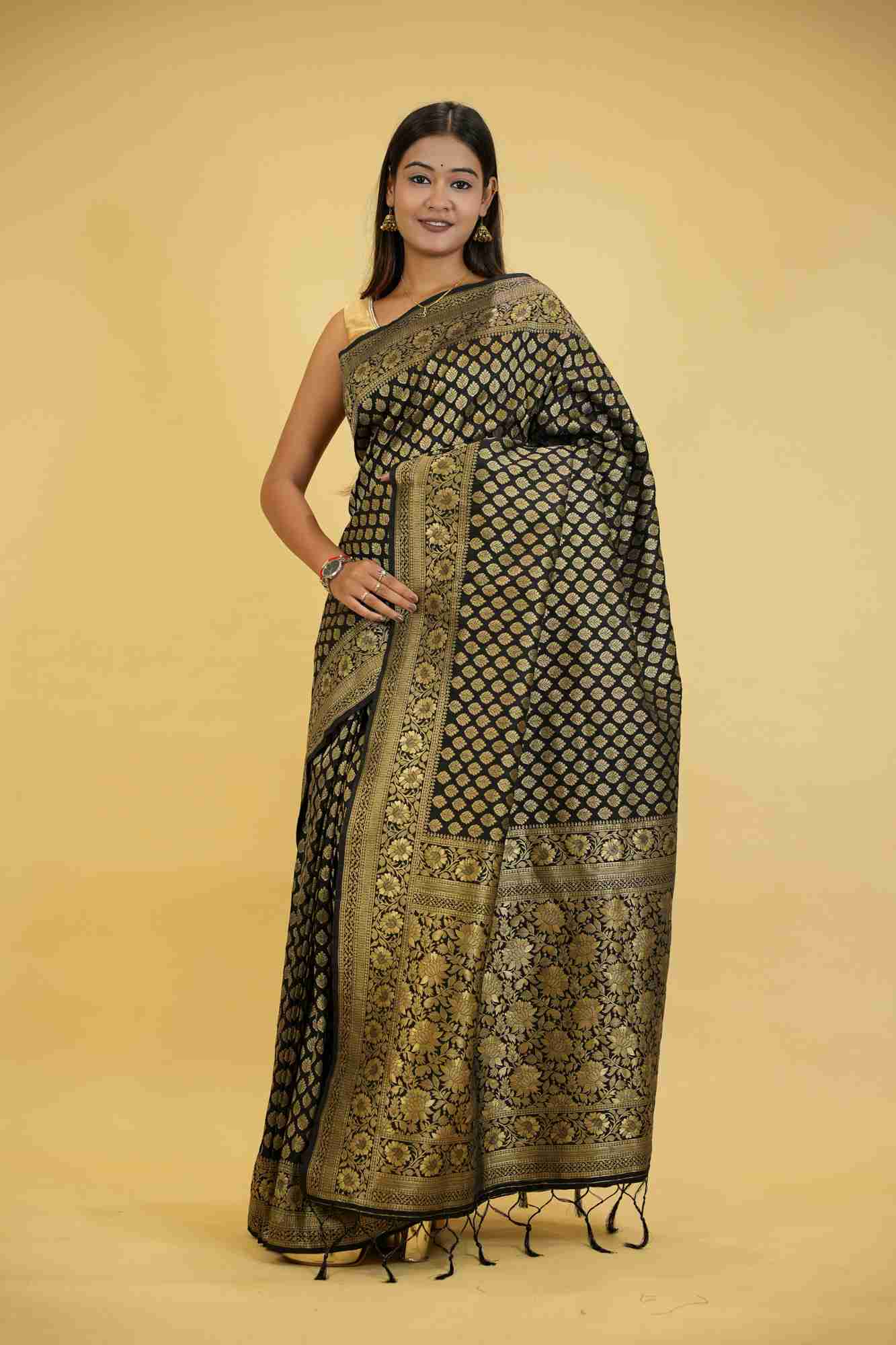 Khadi Georgette Silk IN Black with Golden Woven Motifs Ready To Wear Saree