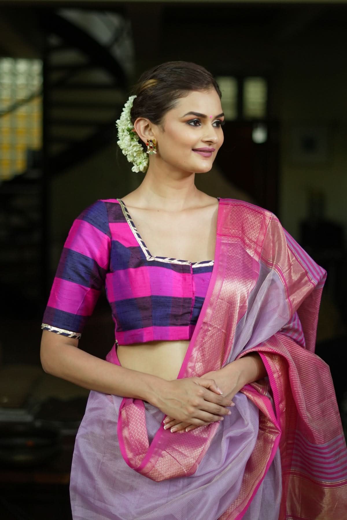 Navy blue, Pink checked Pure rawsilk with crisscross tie | Shobitam