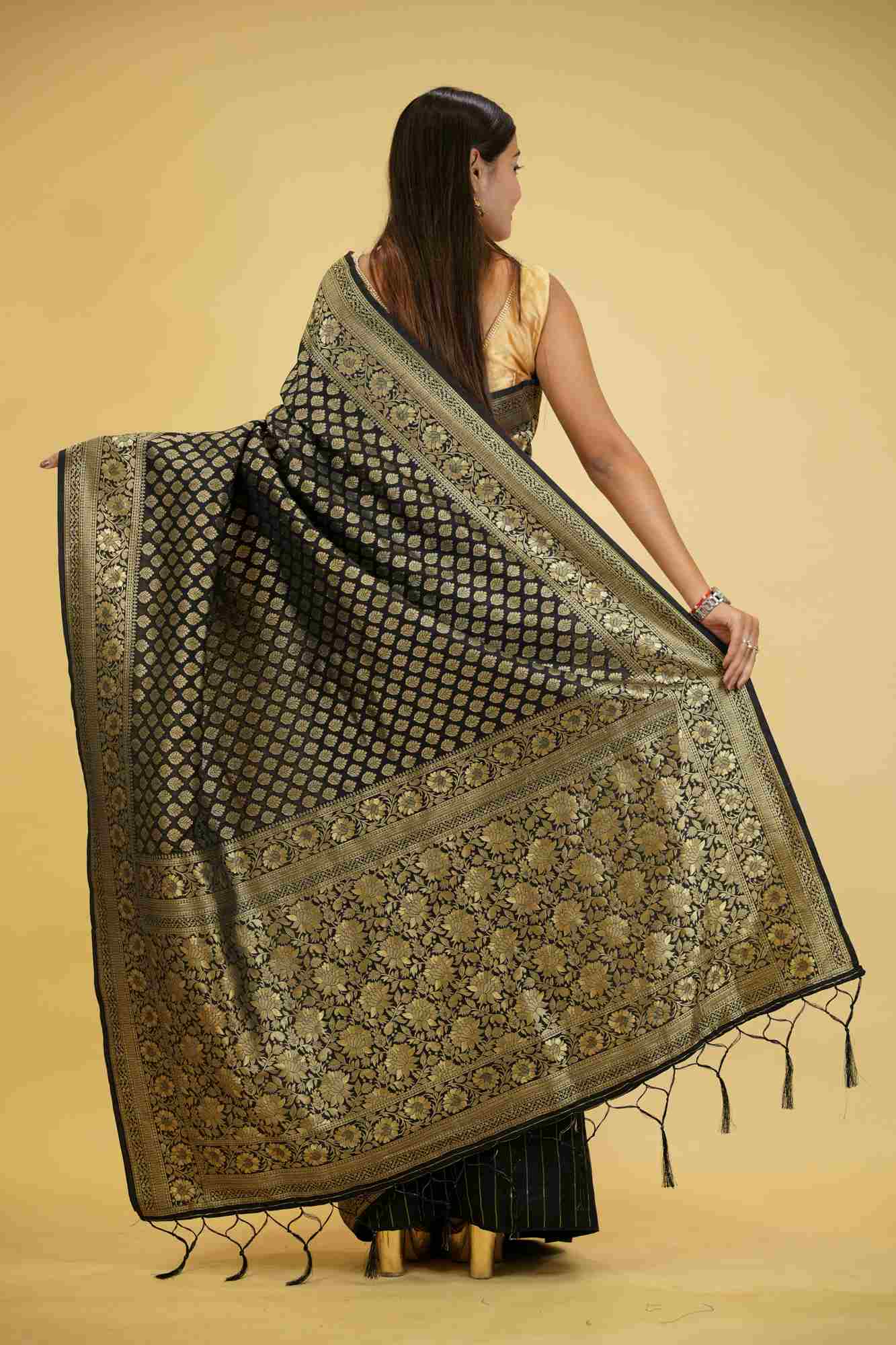 Khadi Georgette Silk IN Black with Golden Woven Motifs Ready To Wear Saree
