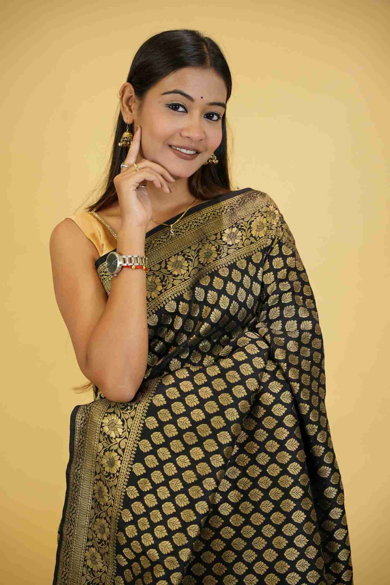 Khadi Georgette Silk IN Black with Golden Woven Motifs Ready To Wear Saree