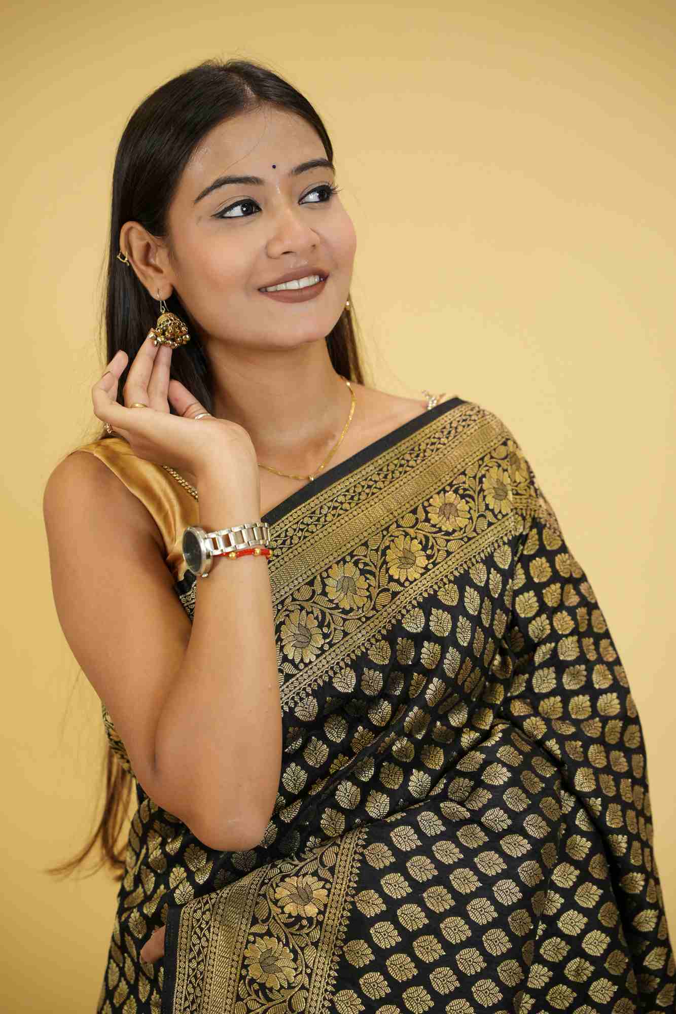 Khadi Georgette Silk IN Black with Golden Woven Motifs Ready To Wear Saree