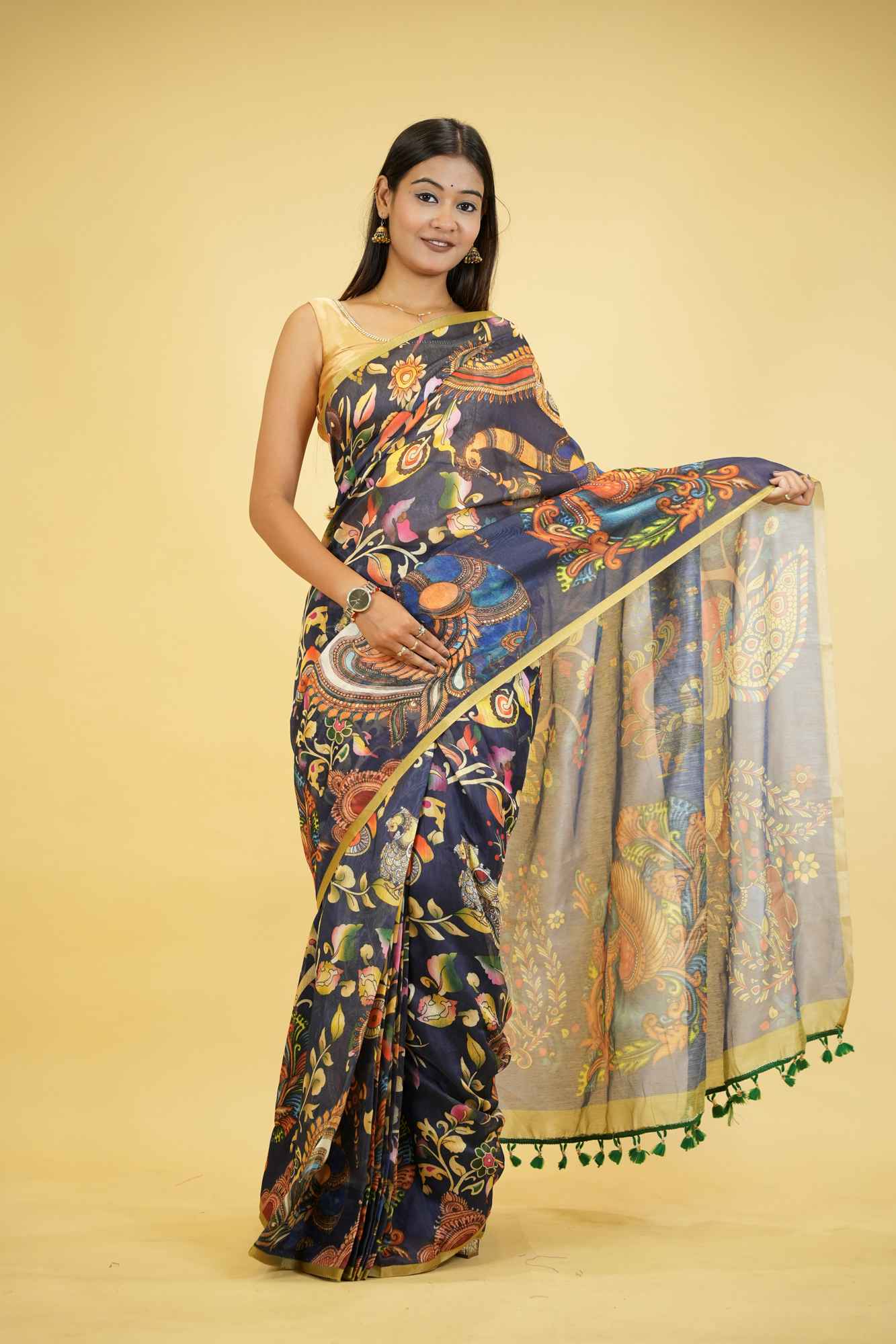 Linen with Digital Kalamkari & Green Border Ready To Wear Saree