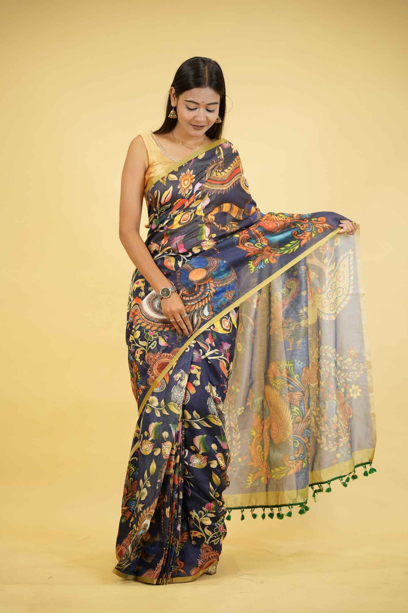 Linen with Digital Kalamkari & Green Border Ready To Wear Saree