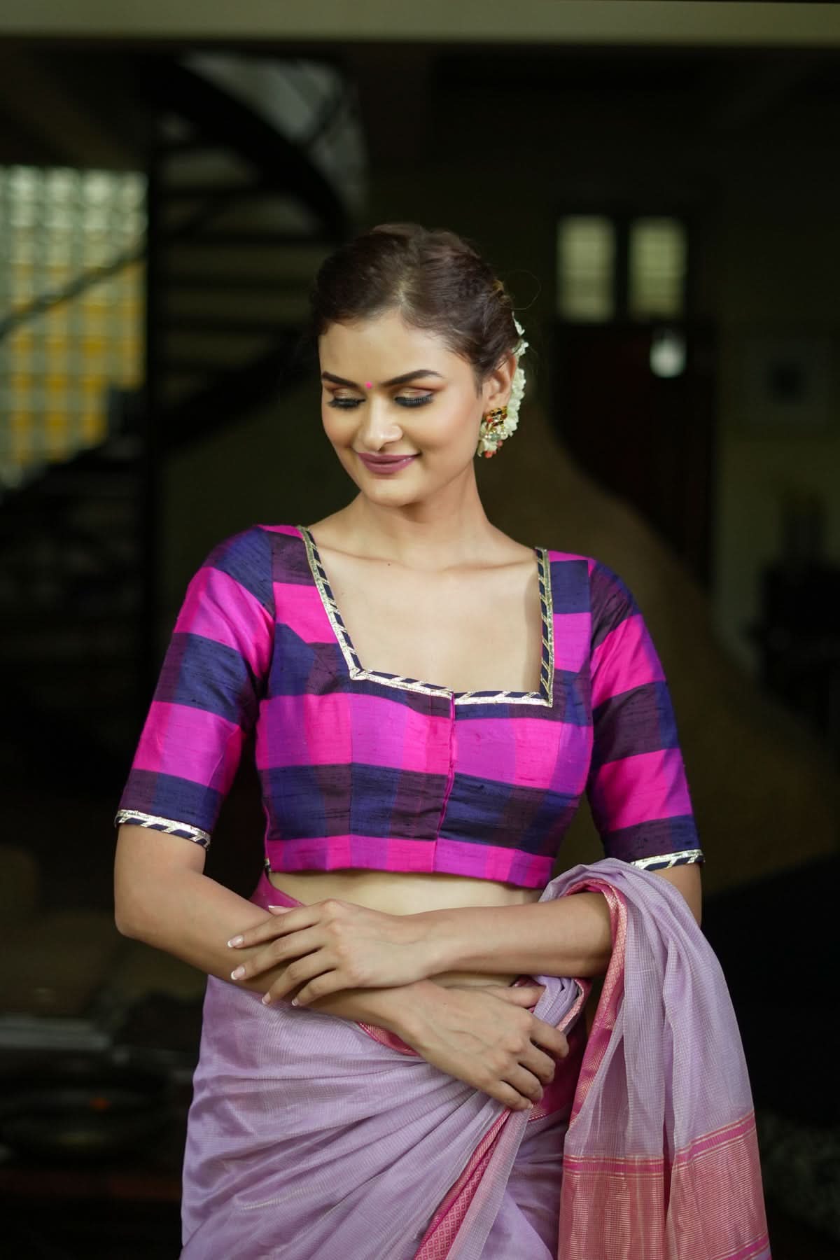Navy blue, Pink checked Pure rawsilk with crisscross tie | Shobitam