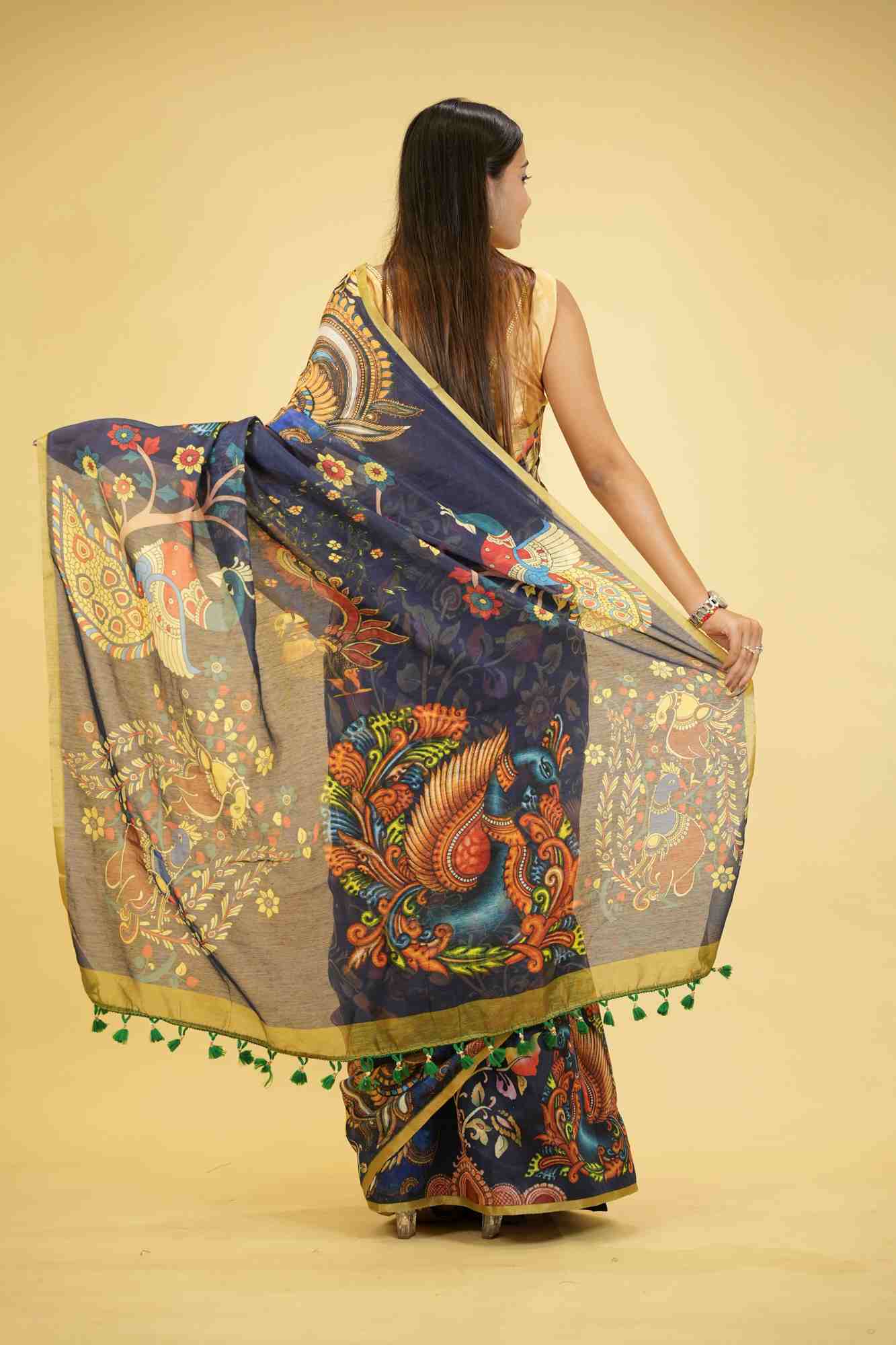 Linen with Digital Kalamkari & Green Border Ready To Wear Saree