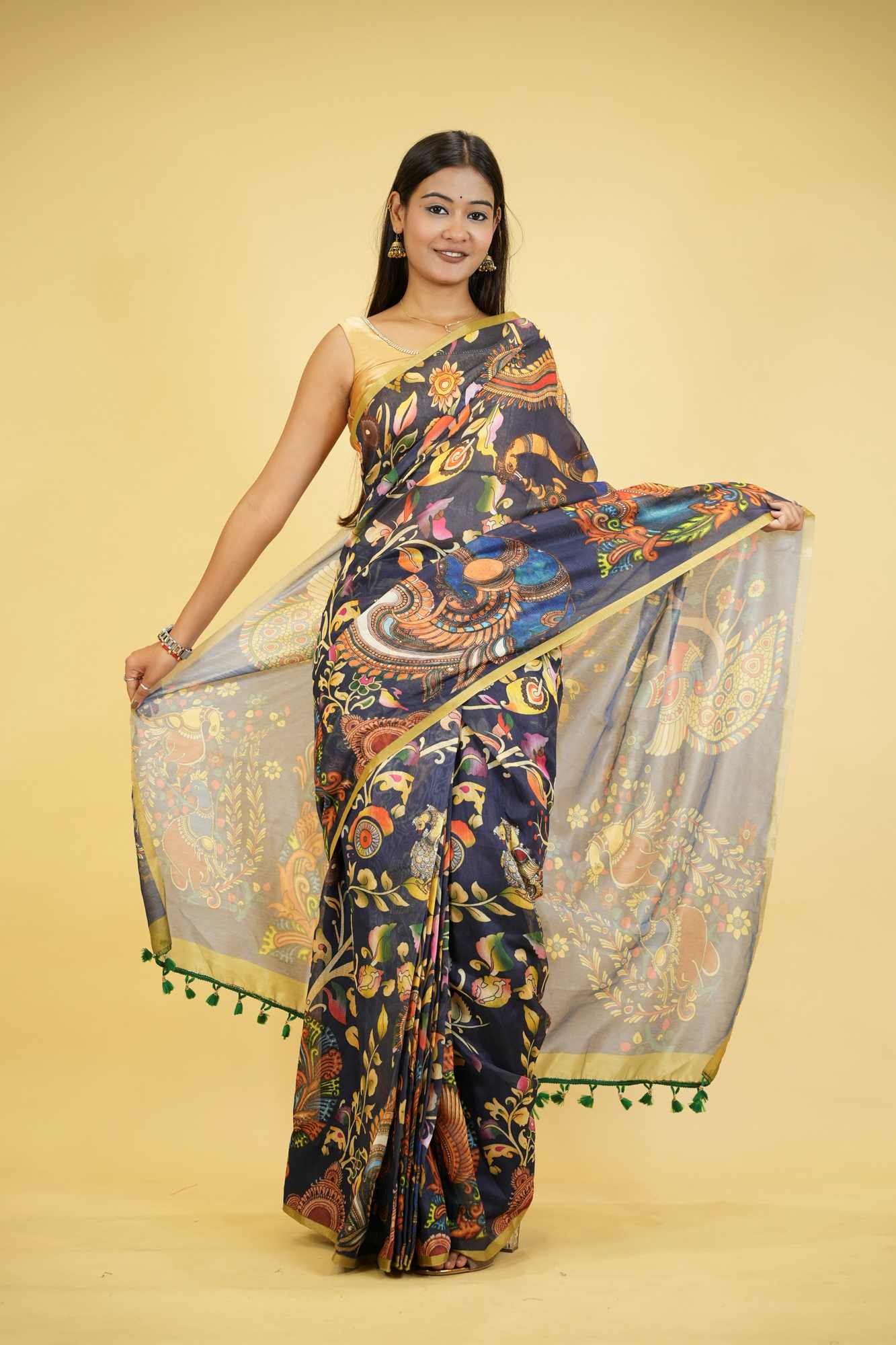 Linen with Digital Kalamkari & Green Border Ready To Wear Saree