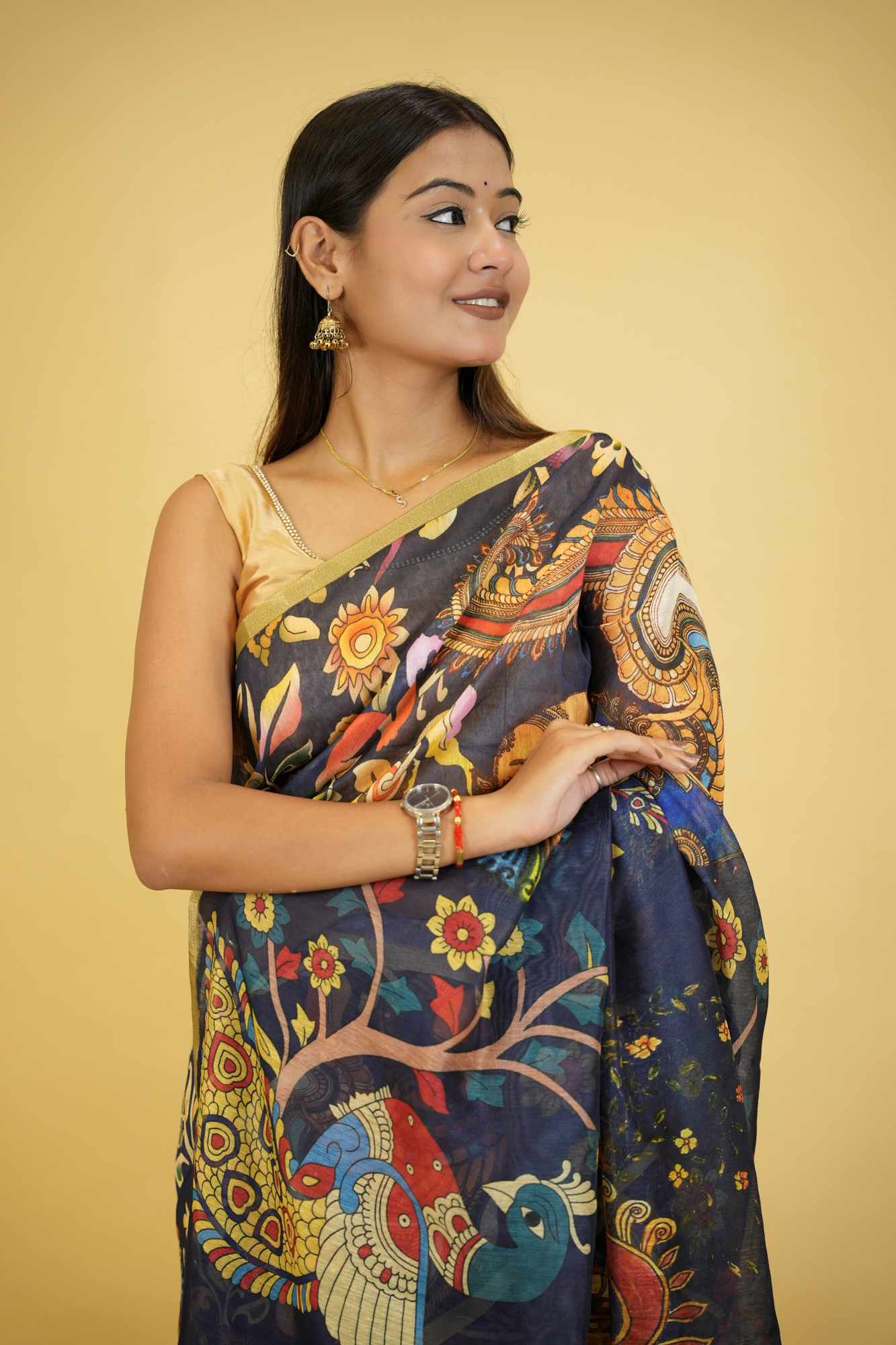 Linen with Digital Kalamkari & Green Border Ready To Wear Saree