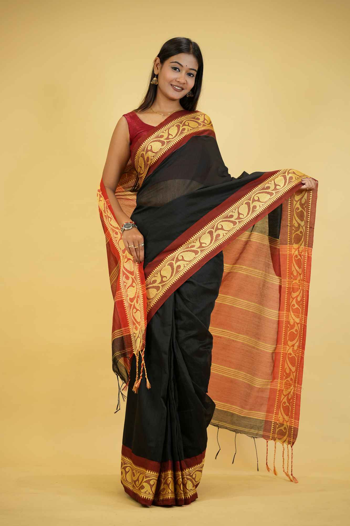 Black Cotton Silk with Red Woven Border & Pallu Ready To Wear Saree