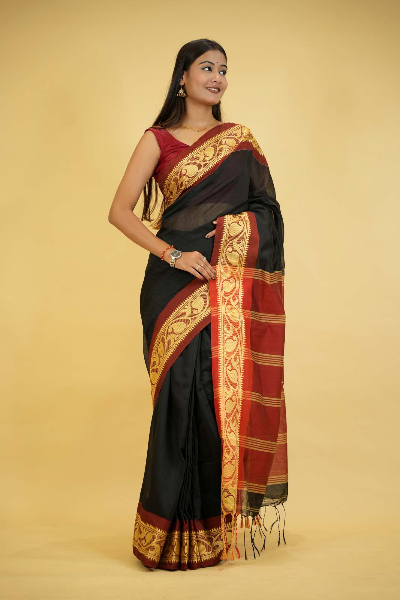 Black Cotton Silk with Red Woven Border & Pallu Ready To Wear Saree