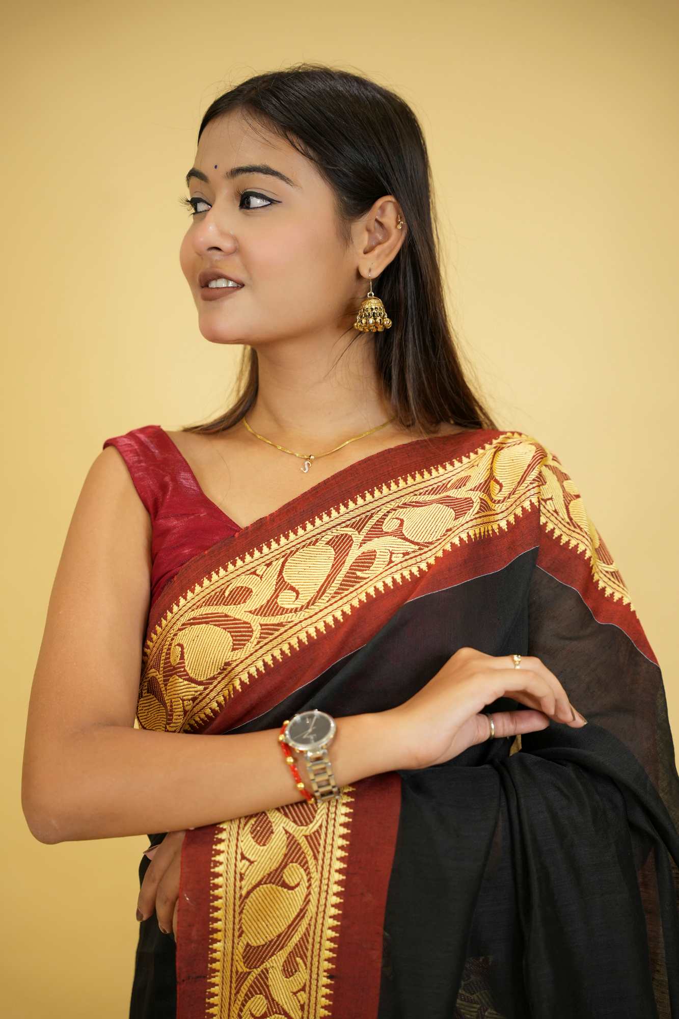 Black Cotton Silk with Red Woven Border & Pallu Ready To Wear Saree