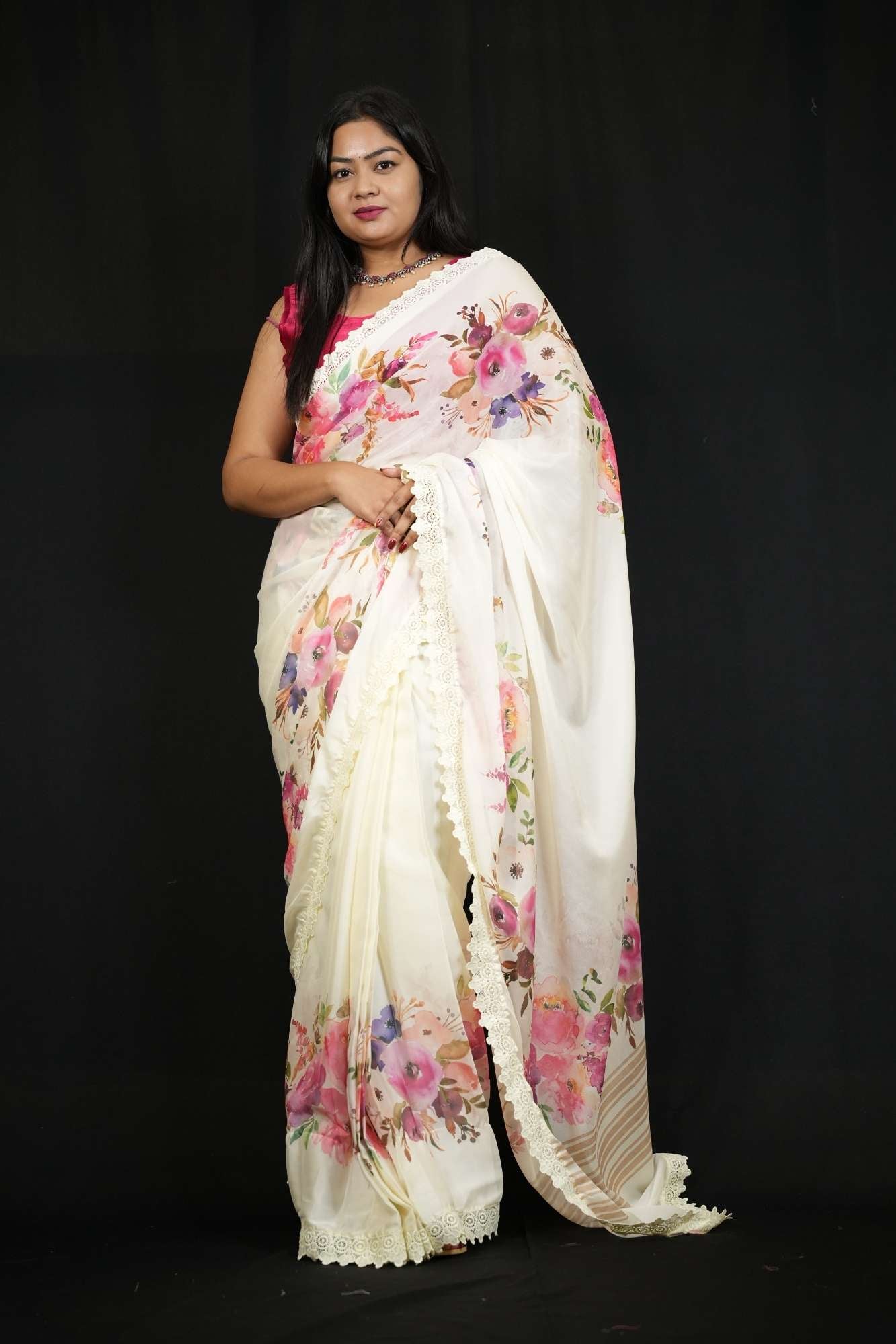 Marshmallow with Allover Floral Print & Ciply Lace Malai Georgette Ready To Wear Saree
