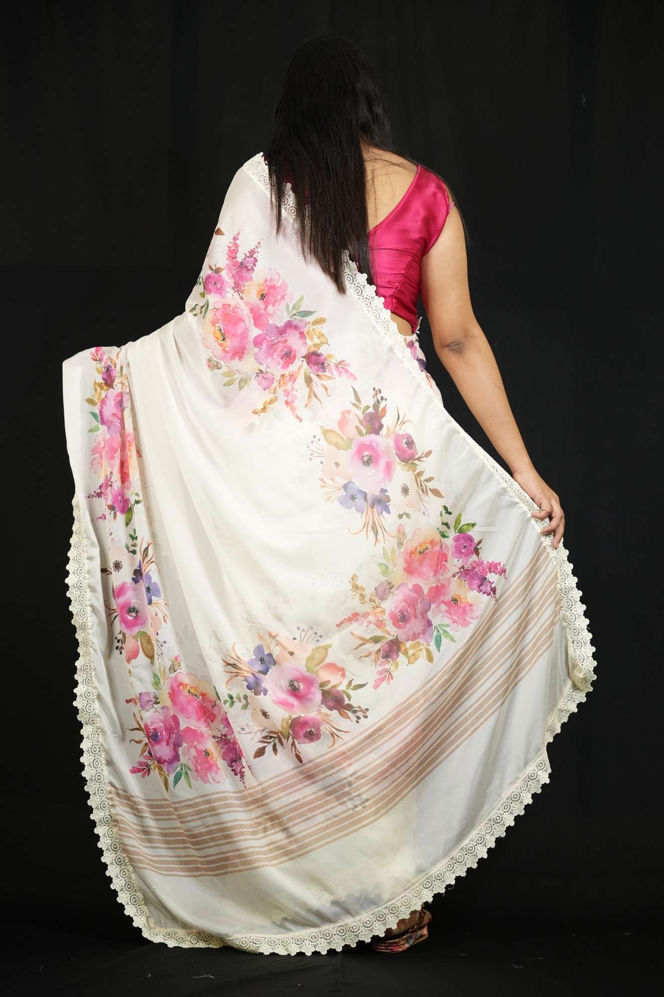 Marshmallow with Allover Floral Print & Ciply Lace Malai Georgette Ready To Wear Saree