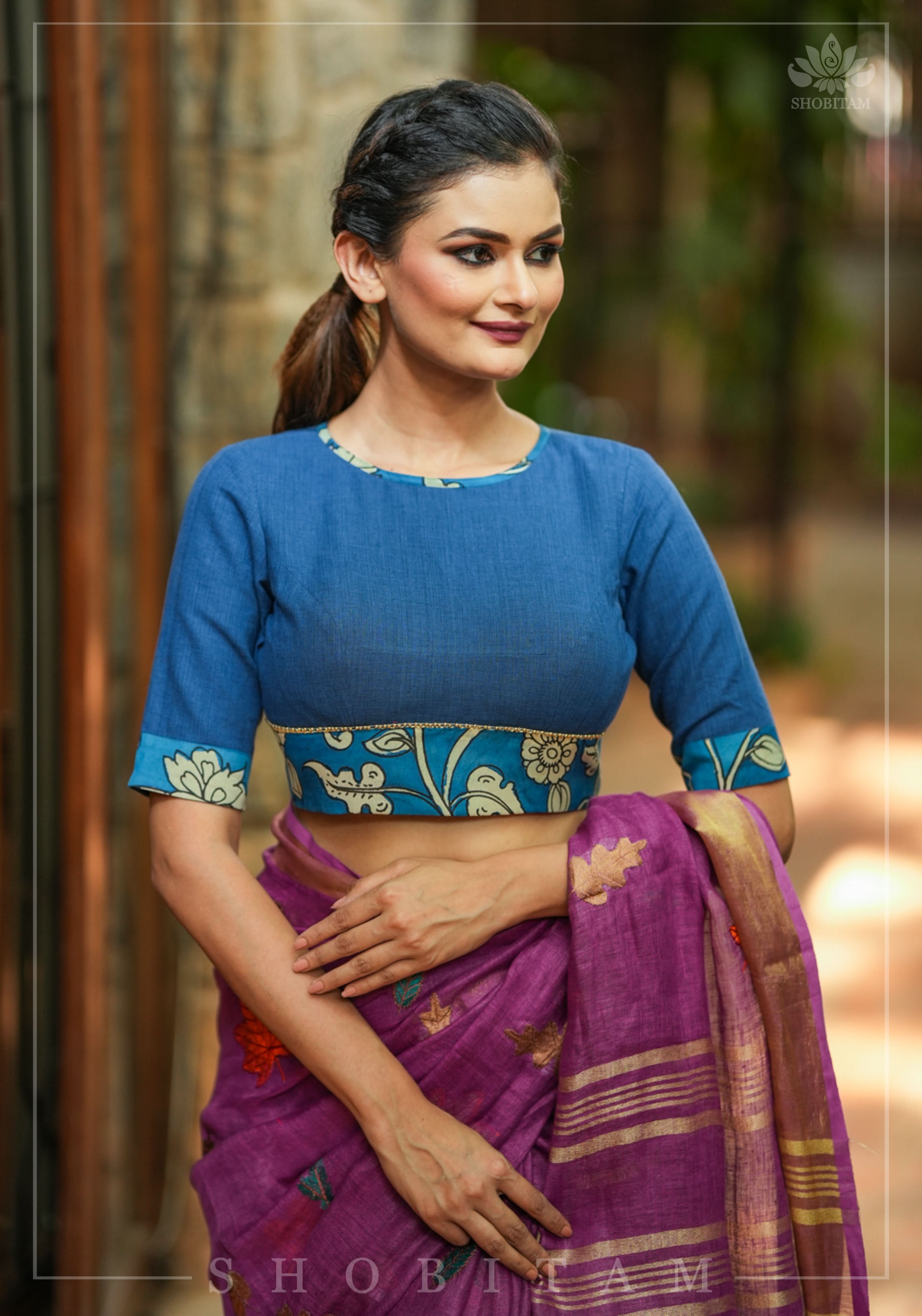 Saphire blue closed neck handloom blouse with handpainted kalamkari border | Shobitam