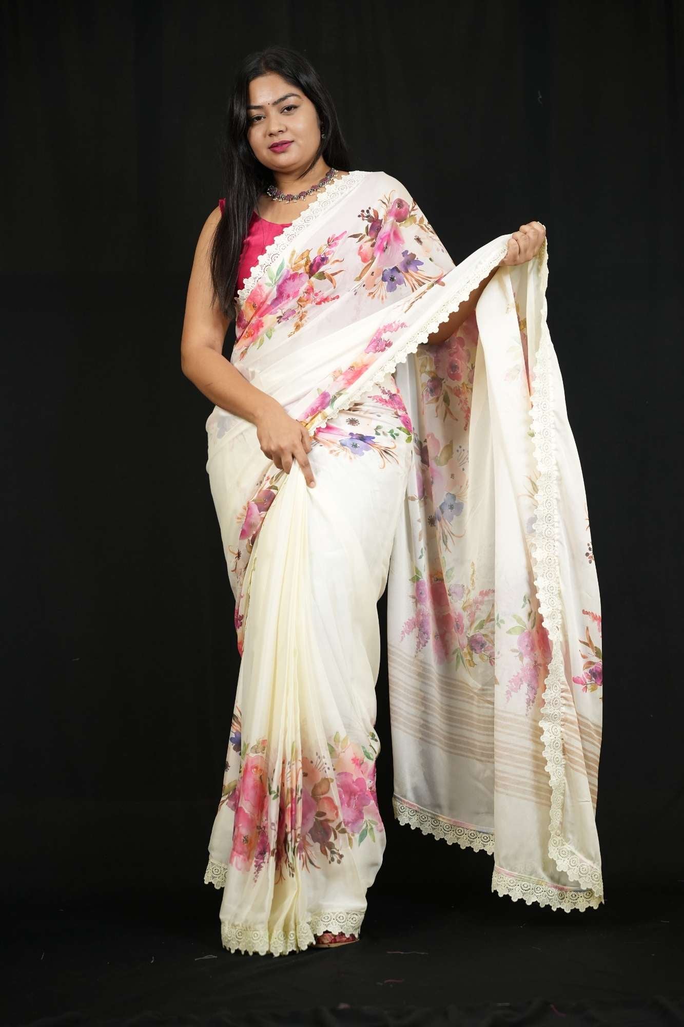 Marshmallow with Allover Floral Print & Ciply Lace Malai Georgette Ready To Wear Saree
