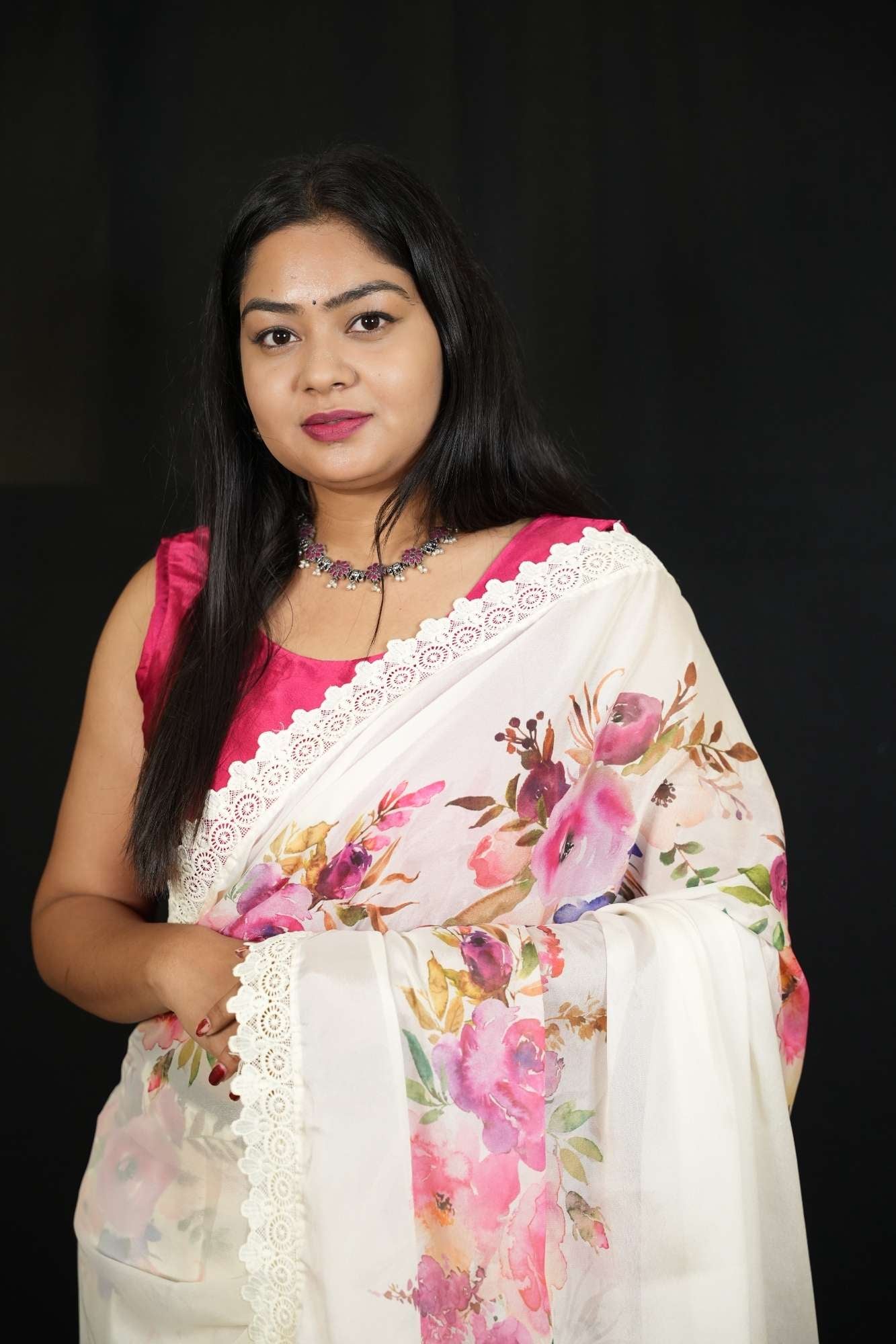 Marshmallow with Allover Floral Print & Ciply Lace Malai Georgette Ready To Wear Saree