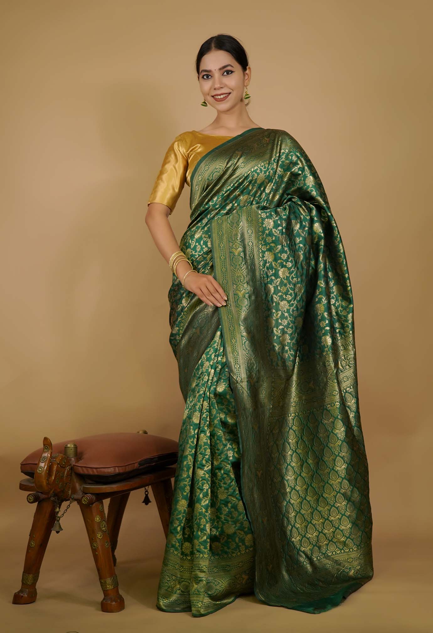 Pre-stitched saree Ethnic Green Kanjeevaram Zari Woven Wrap in 1 minute saree