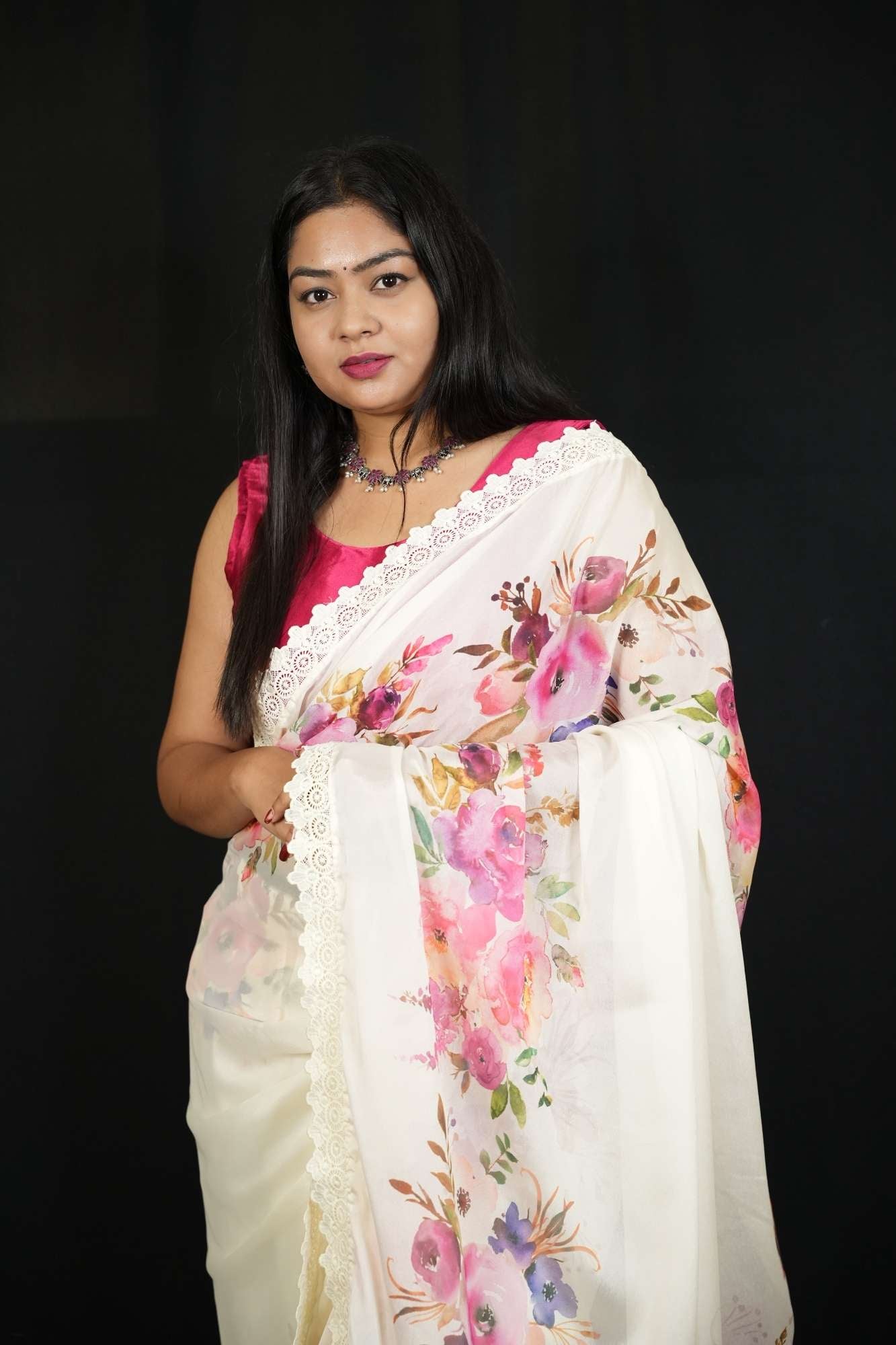 Marshmallow with Allover Floral Print & Ciply Lace Malai Georgette Ready To Wear Saree