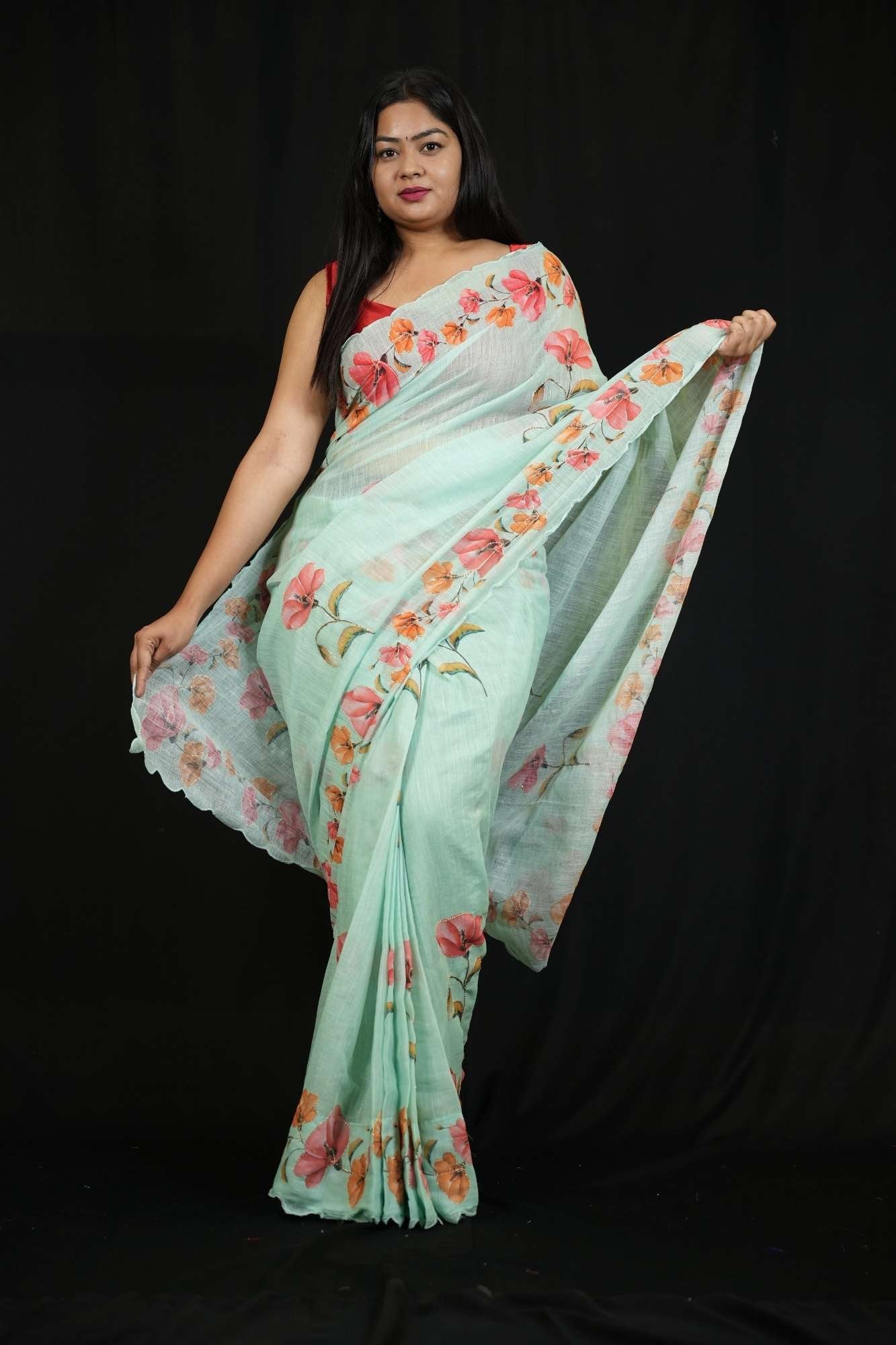Linen Cotton with Delicate Floral Embroidery Ready To Wear Saree