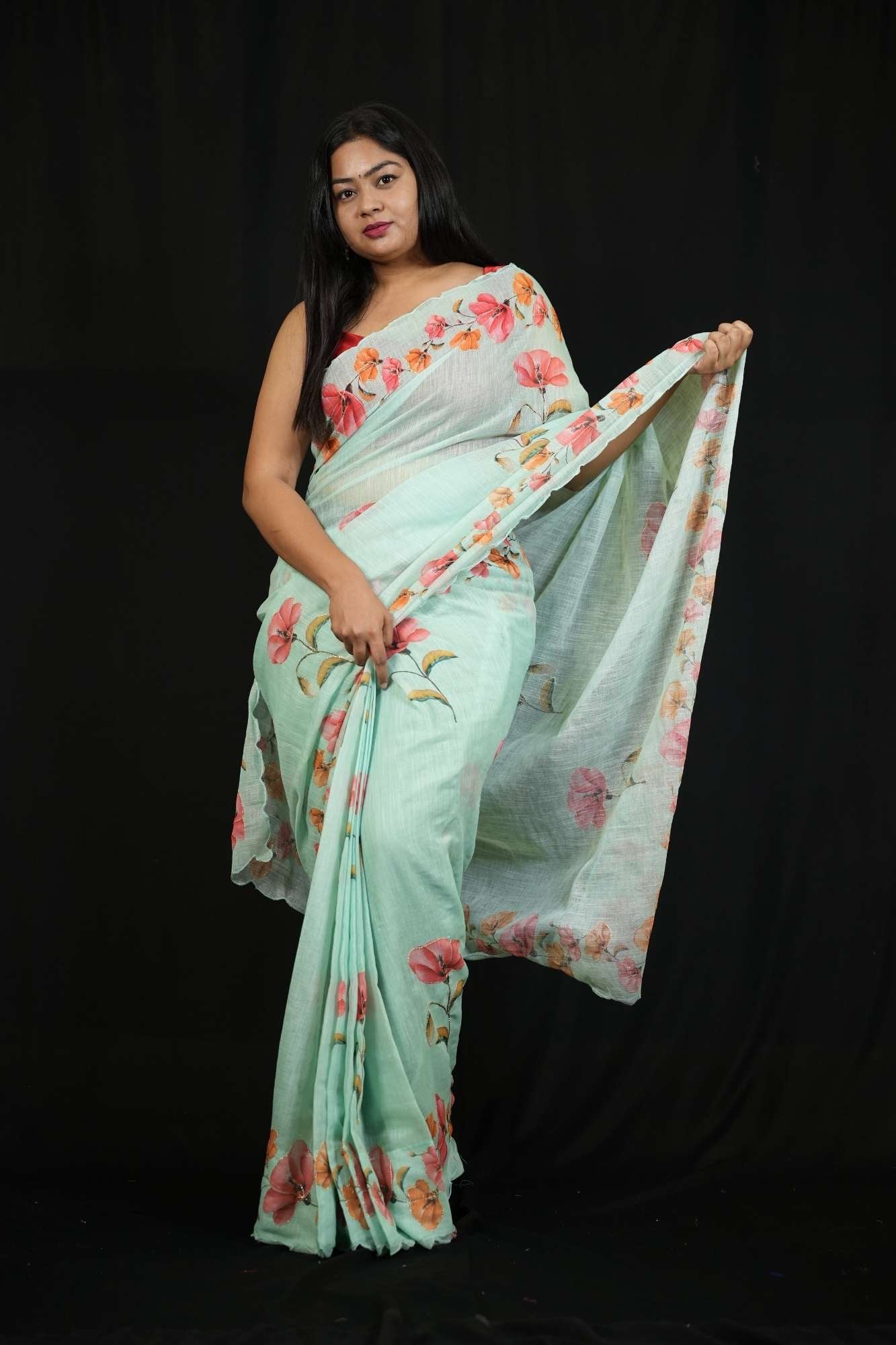 Linen Cotton with Delicate Floral Embroidery Ready To Wear Saree