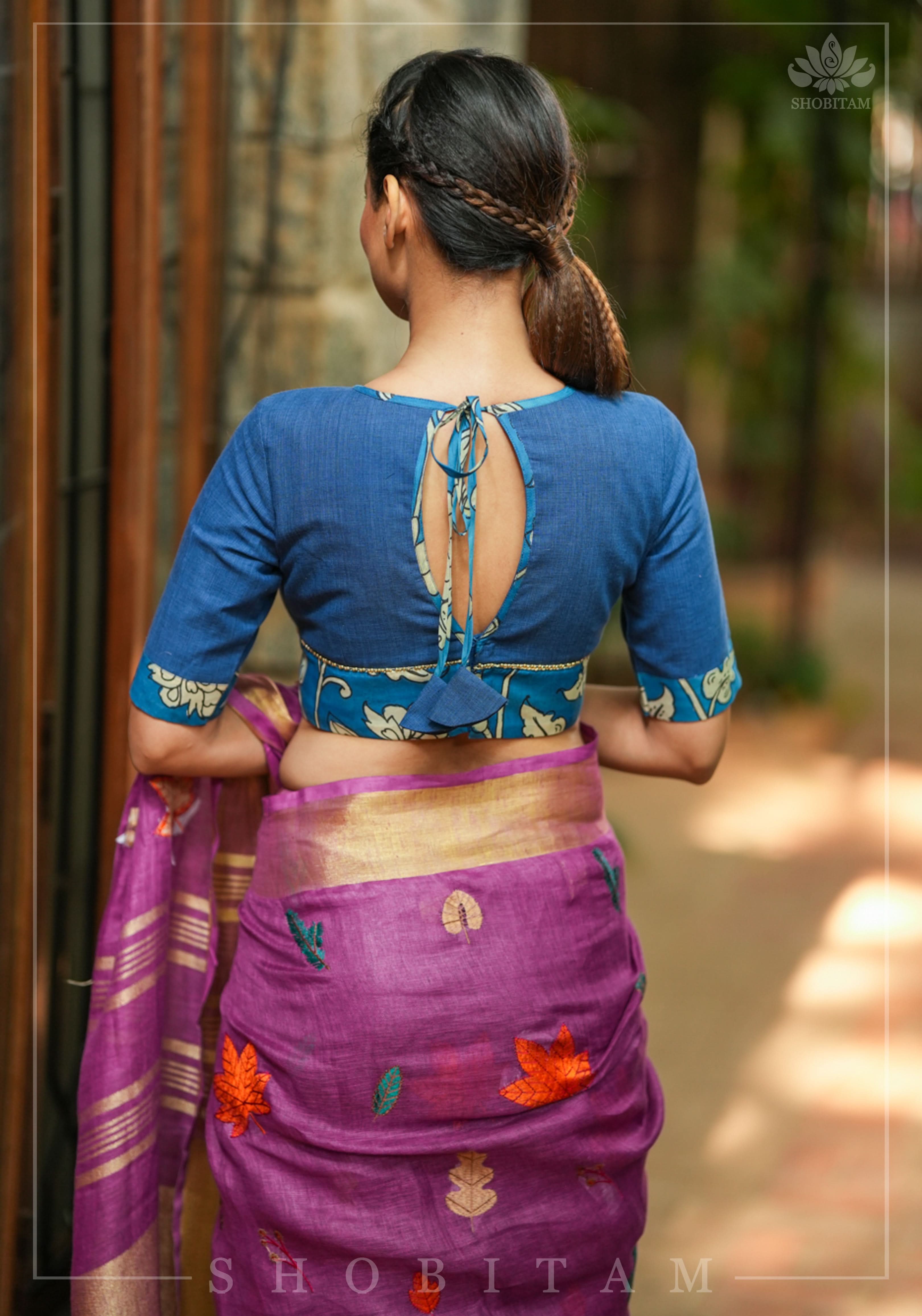 Saphire blue closed neck handloom blouse with handpainted kalamkari border | Shobitam