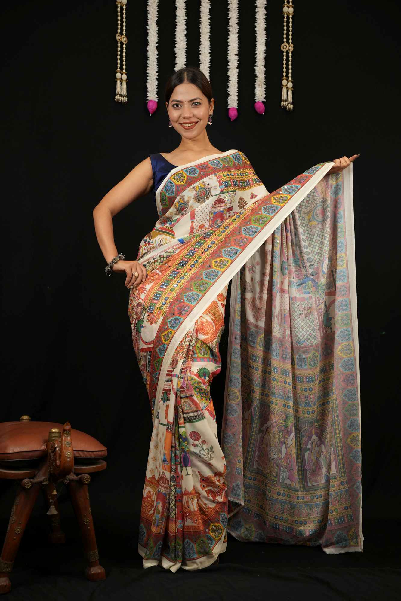 Traditional Heritage Print masakali georgette all over mirror work Ready to Wear Saree