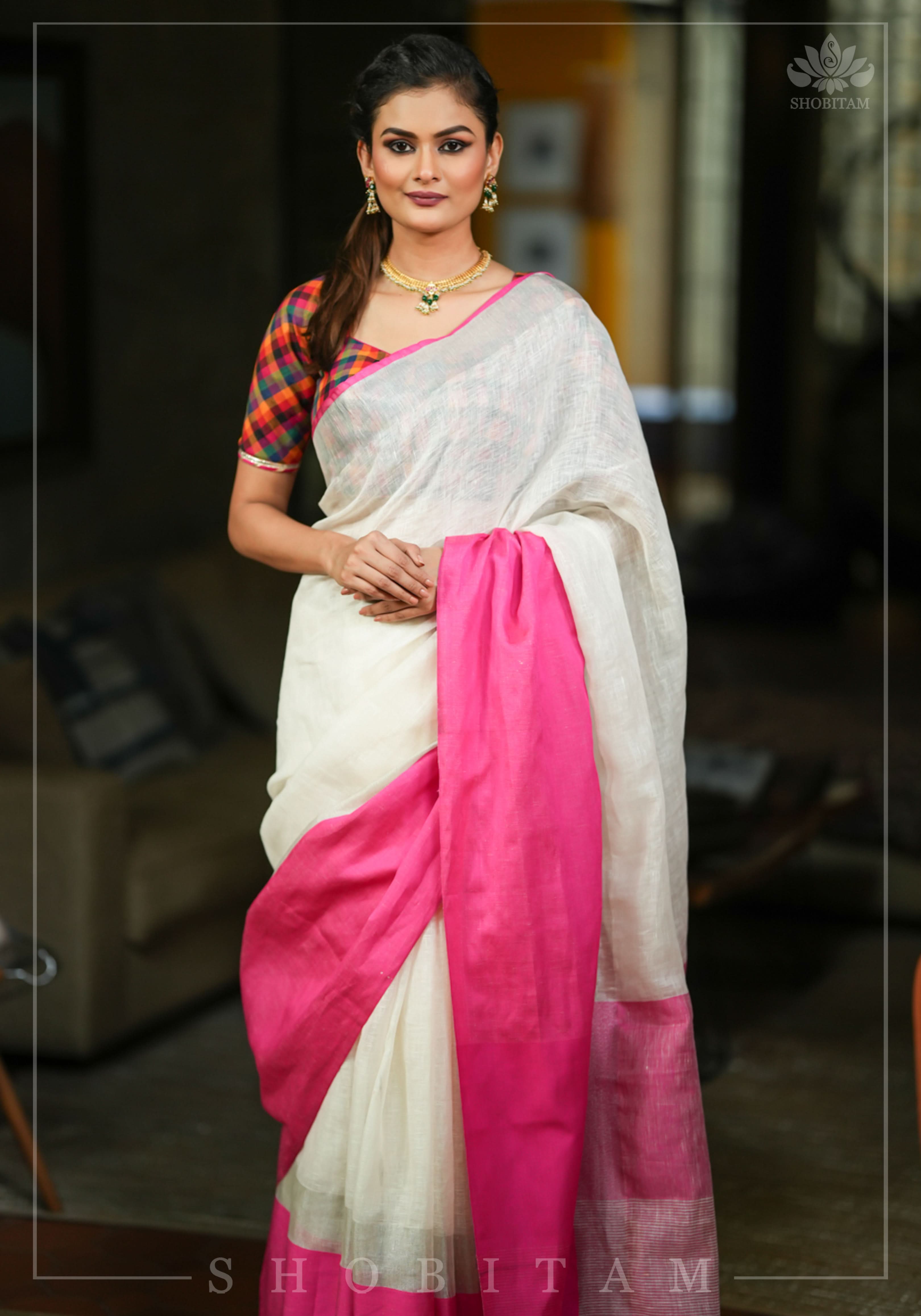 Charming White, Pink and Silver Wide Border Pure Linen by Linen Saree | Shobitam