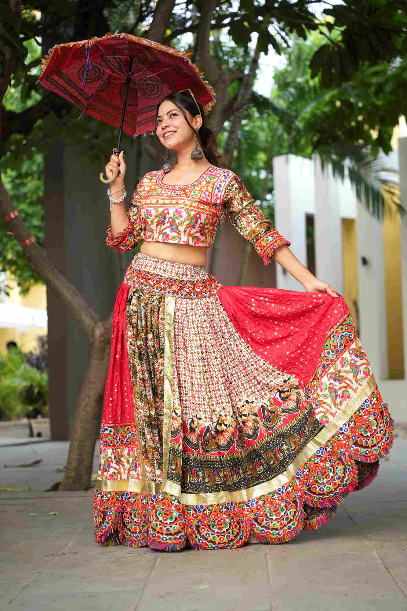 Mirror Work Garba Ghaghara Choli with Intricate Multicolor Embroidery and Traditional Motifs