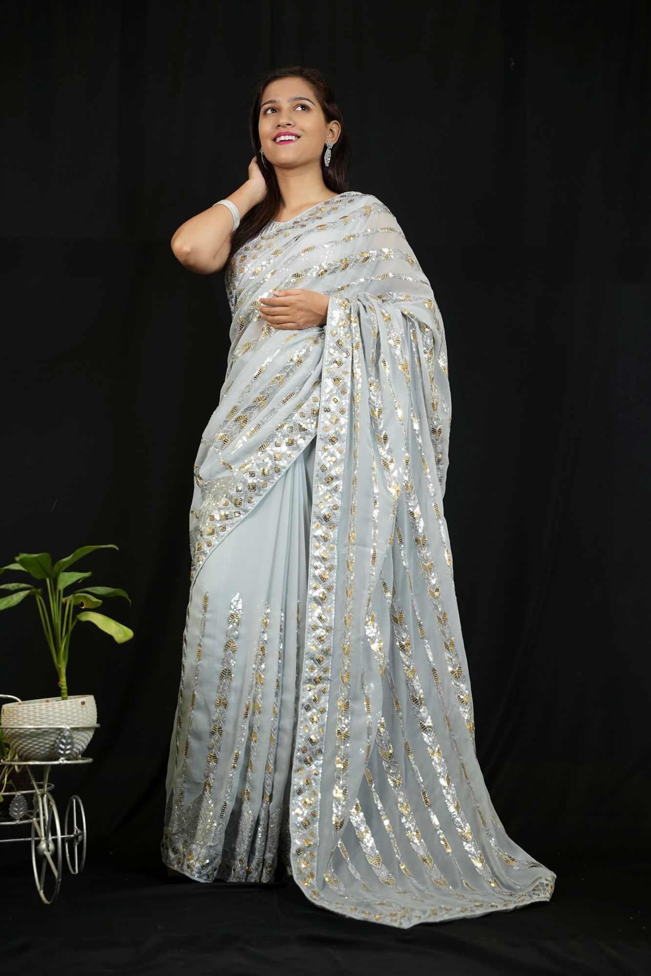 Georgette with All-Over Sequin Embroidery and Lace Border Detailing Ready To Wear Saree