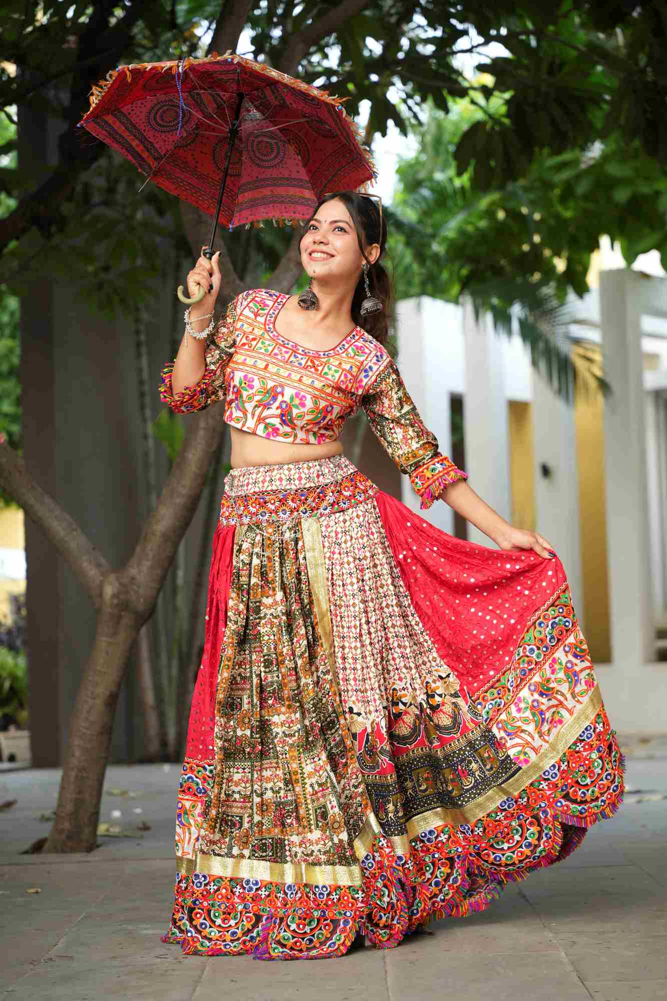 Mirror Work Garba Ghaghara Choli with Intricate Multicolor Embroidery and Traditional Motifs