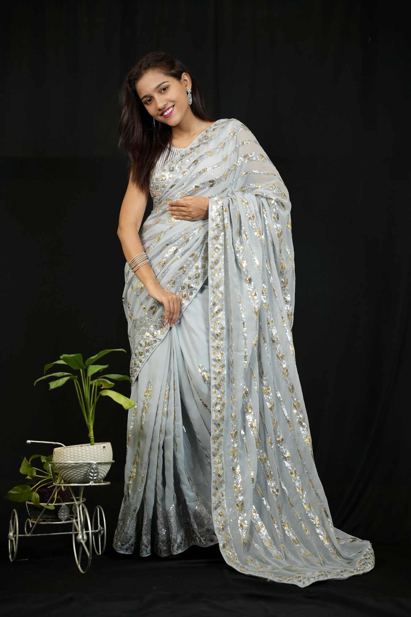 Georgette with All-Over Sequin Embroidery and Lace Border Detailing Ready To Wear Saree