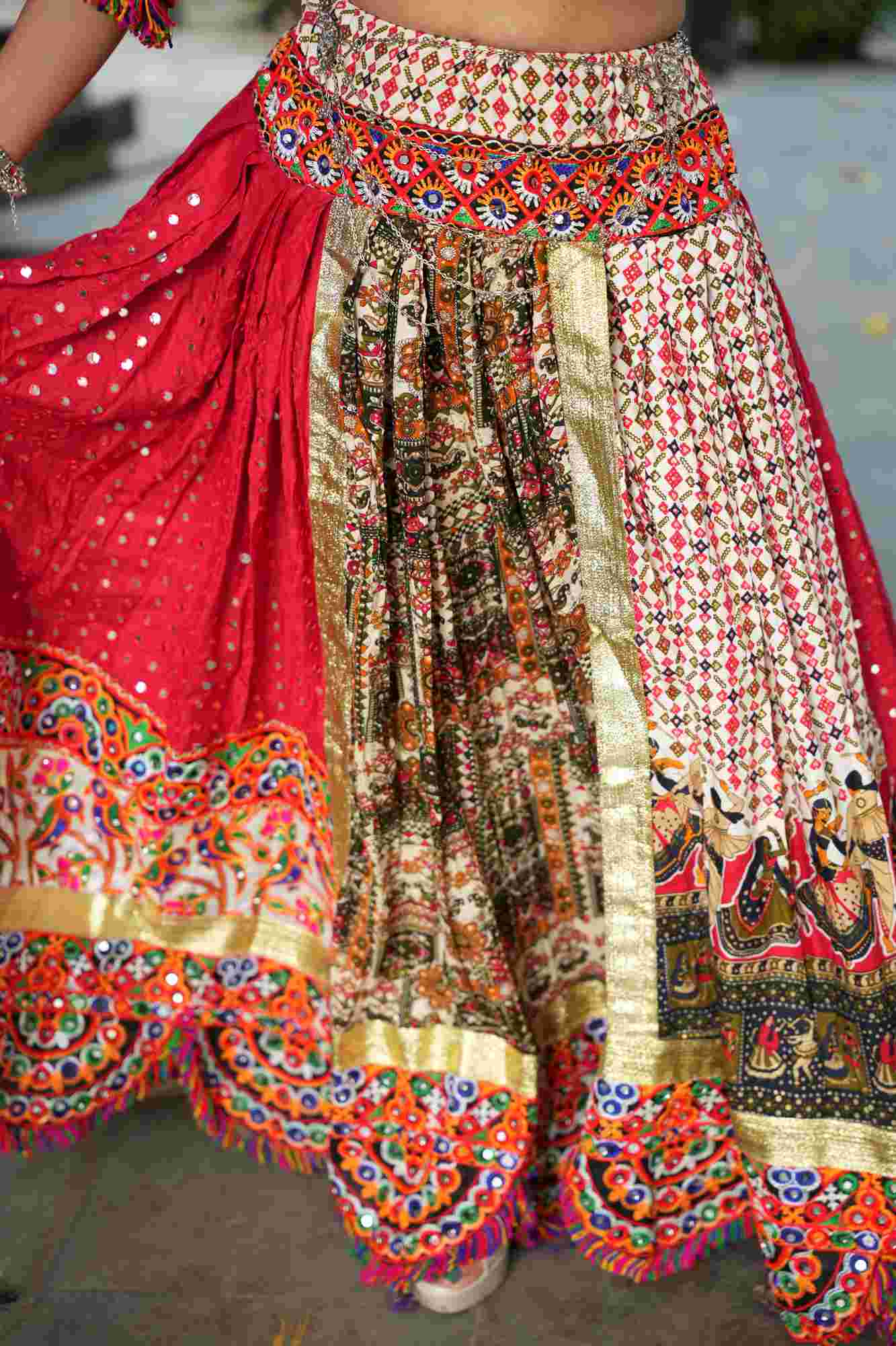 Mirror Work Garba Ghaghara Choli with Intricate Multicolor Embroidery and Traditional Motifs