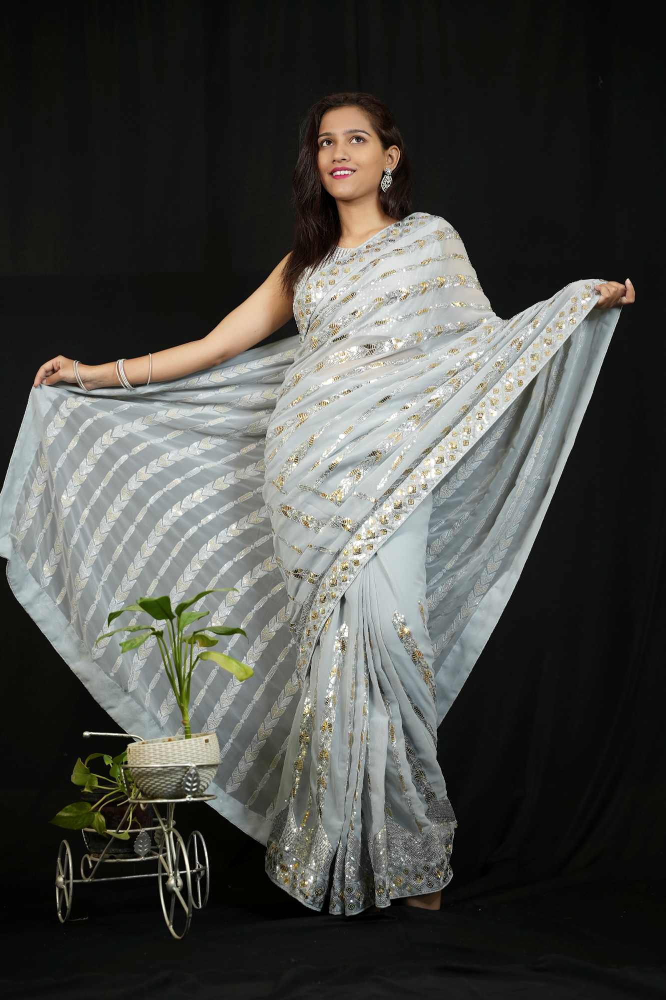 Georgette with All-Over Sequin Embroidery and Lace Border Detailing Ready To Wear Saree