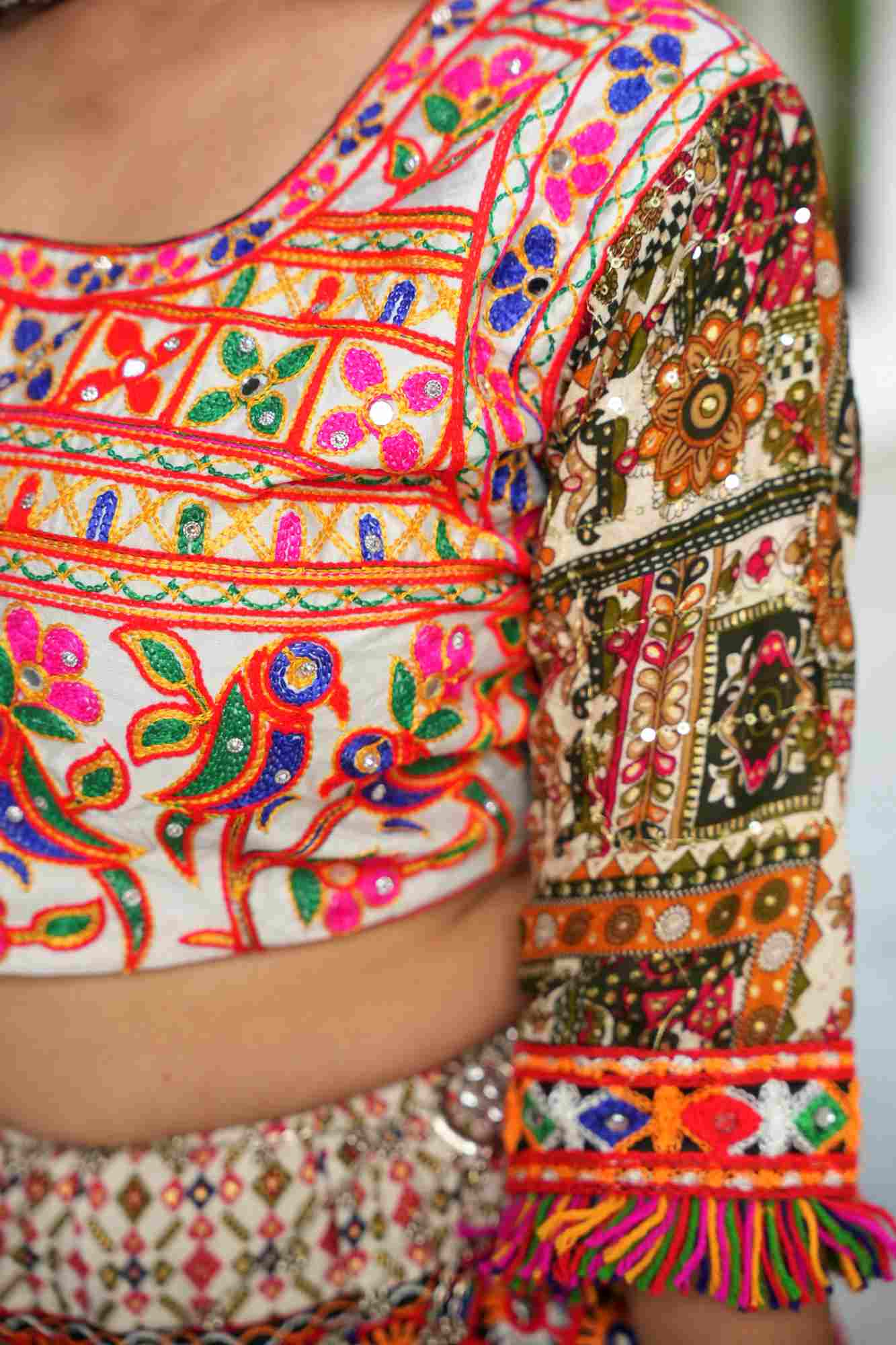 Mirror Work Garba Ghaghara Choli with Intricate Multicolor Embroidery and Traditional Motifs