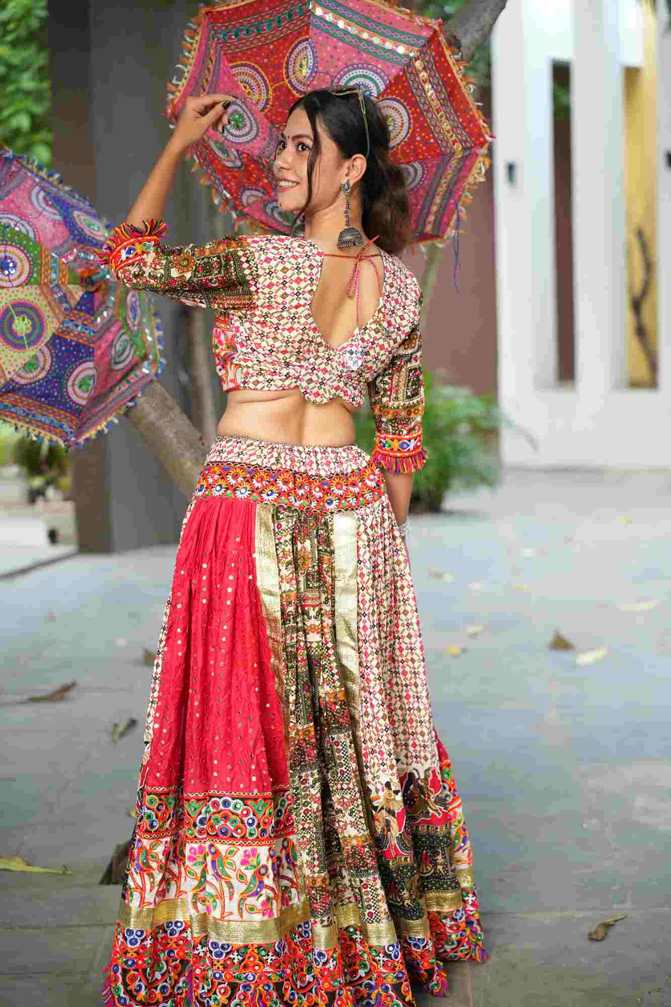 Mirror Work Garba Ghaghara Choli with Intricate Multicolor Embroidery and Traditional Motifs