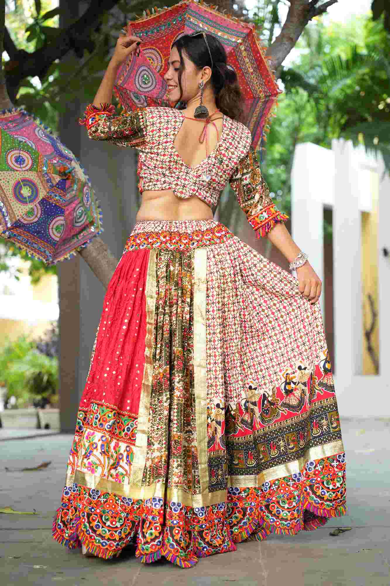 Mirror Work Garba Ghaghara Choli with Intricate Multicolor Embroidery and Traditional Motifs