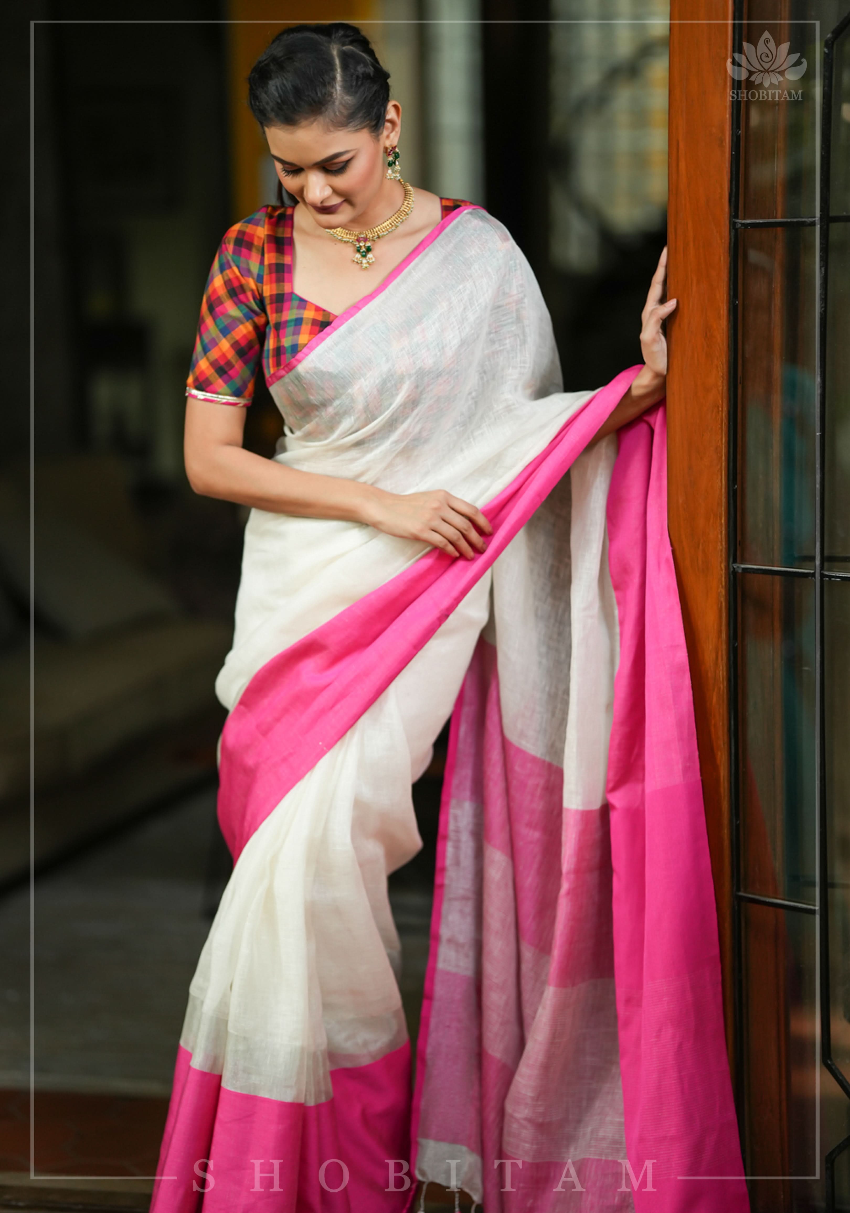 Charming White, Pink and Silver Wide Border Pure Linen by Linen Saree | Shobitam