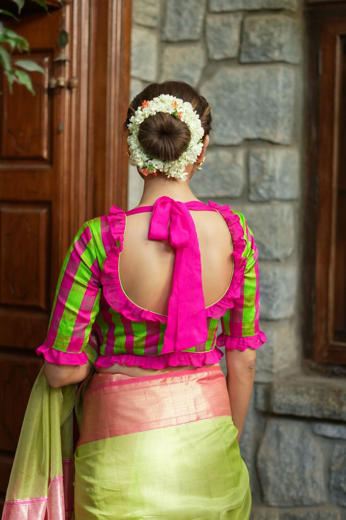 Green pink checked pure raw silk V neck blouse with chiffon frills | Shobitam